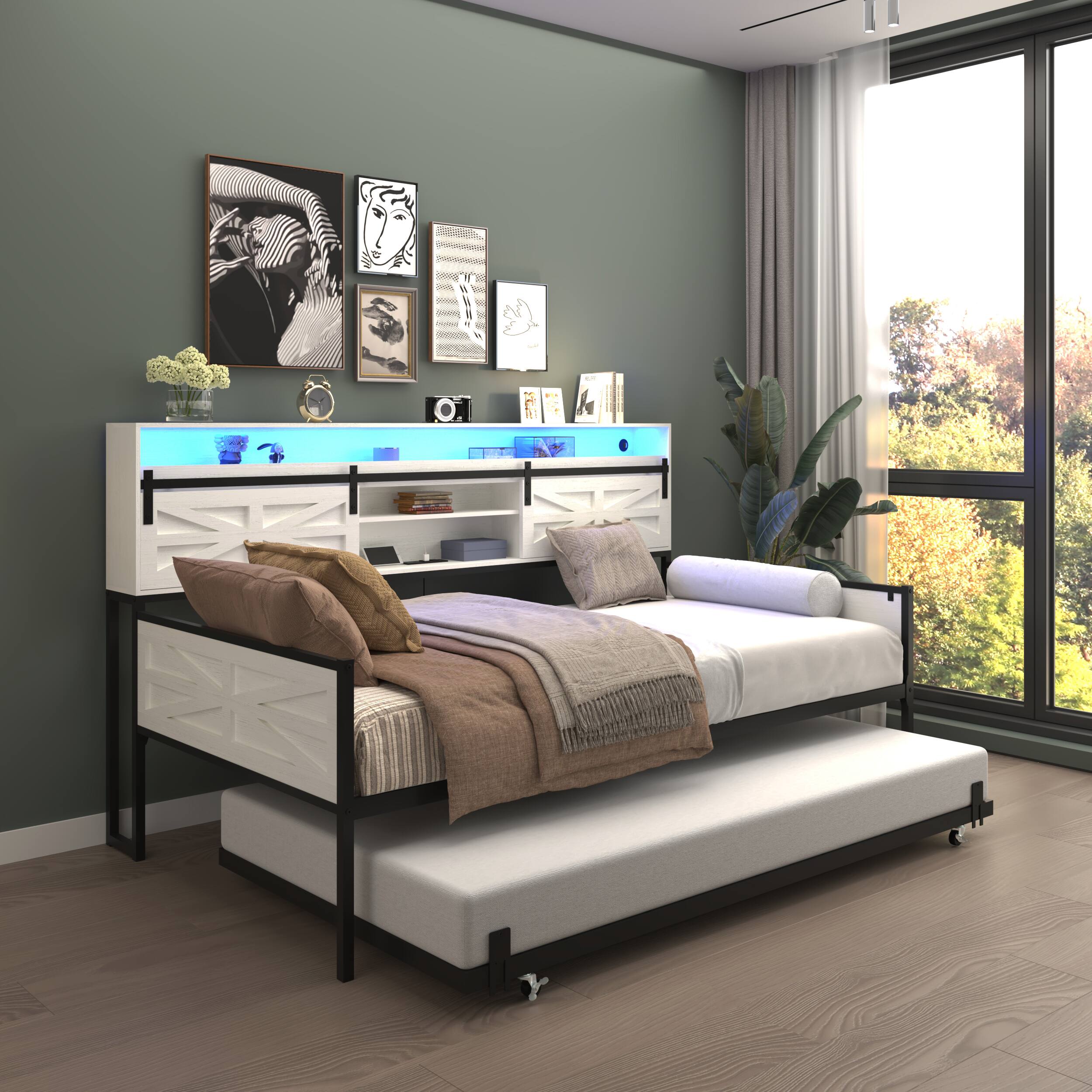 Left. LUCKY ONE - Farmhouse Twin Daybed with Trundle,Charging Station & LED Light - White.