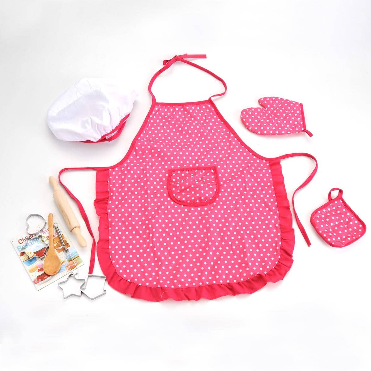 JuzToys - Kids Cooking & Baking Toy Set with Chef Outfit – Chef Hat, Apron, Cookbook, Dress Up Clothes for Pretend Play – - Pink