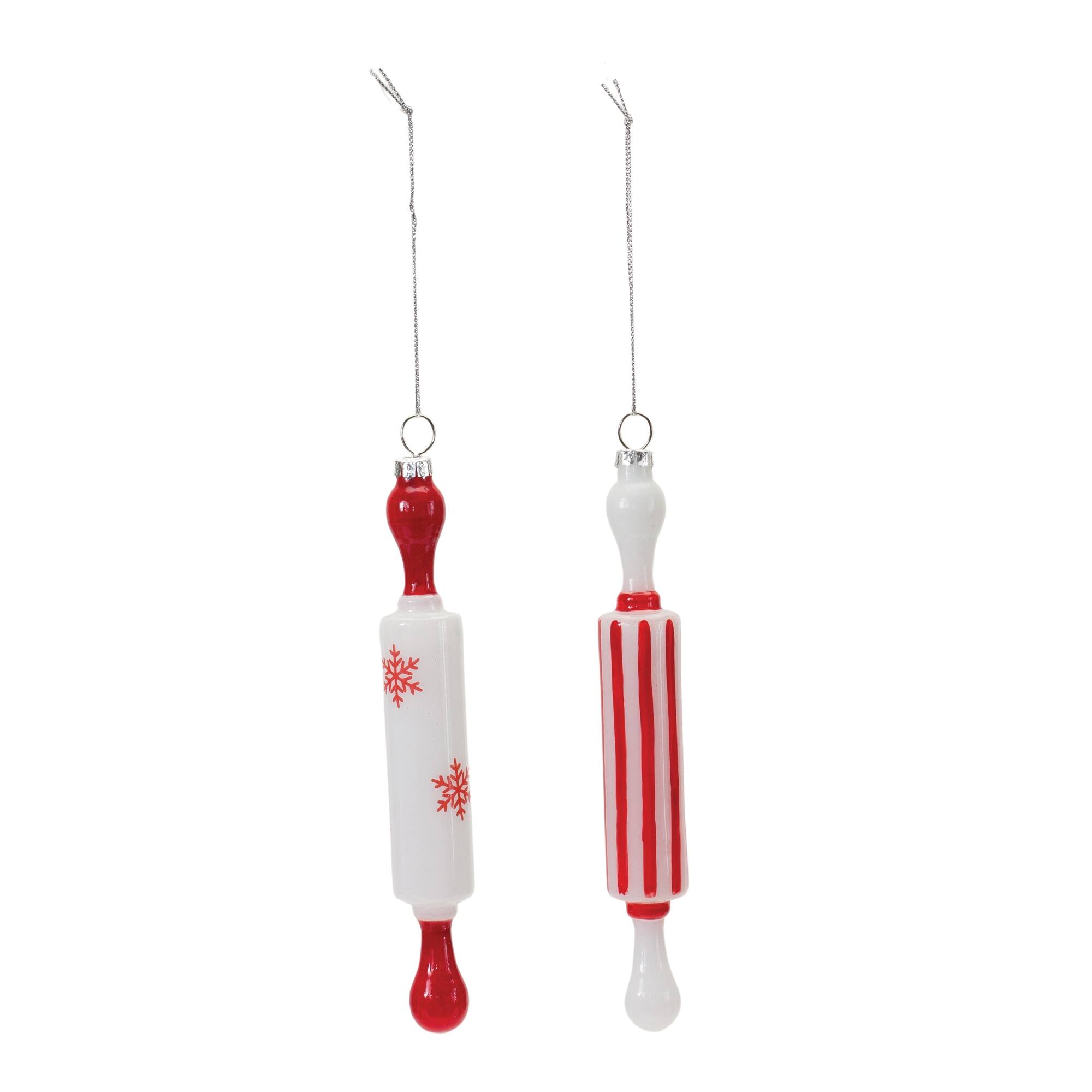 Angle. BreeBe - Glass Rolling Pin Ornament (Set of 12) - Red, White.