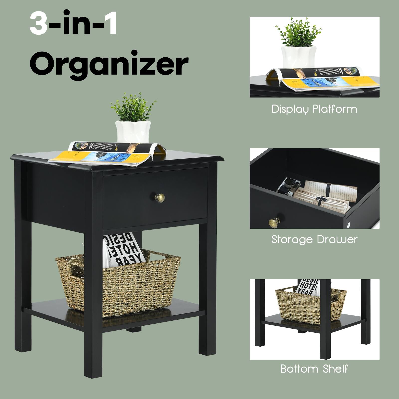 3-in-1 Organizer, Display Platform, Storage Drawer, Bottom Shelf