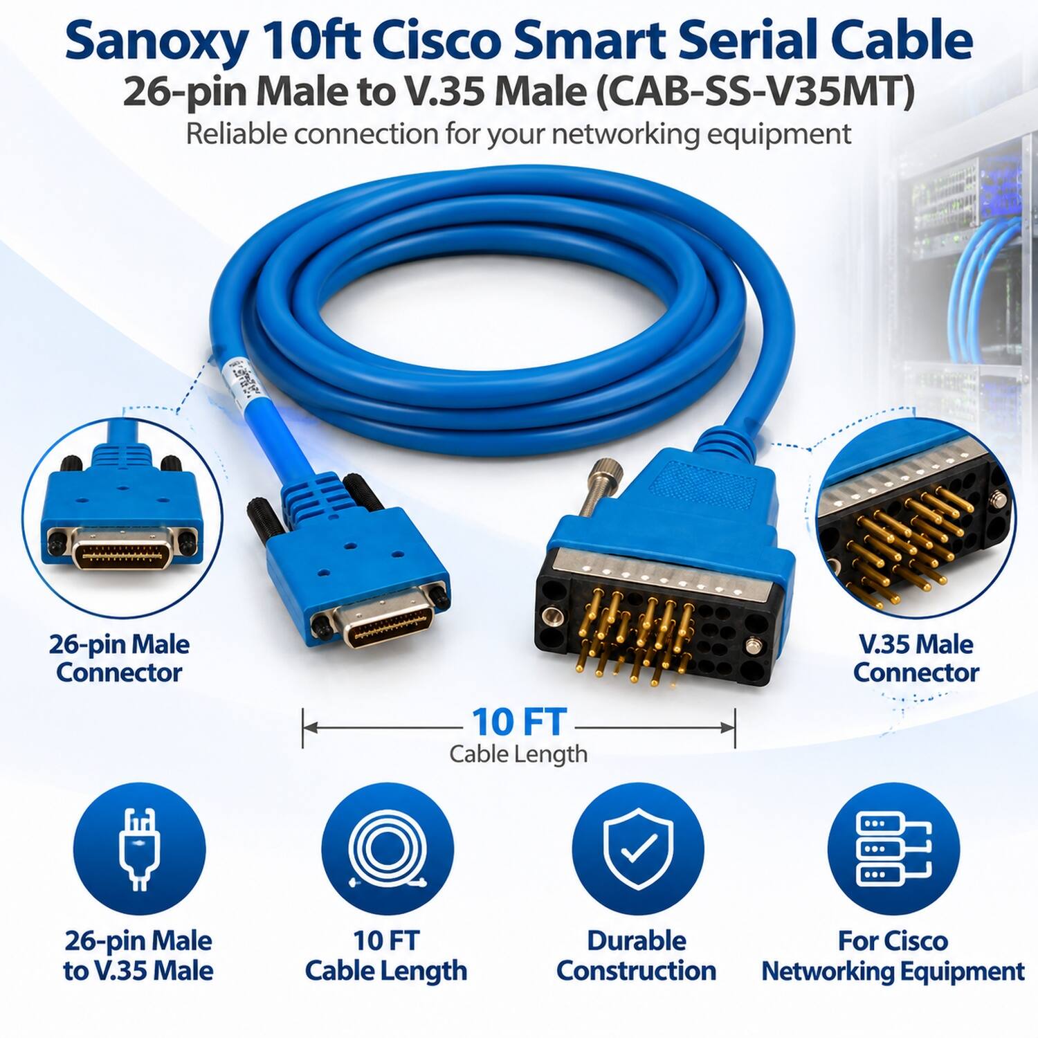 Sanoxy 10ft Cisco Smart Serial Cable 26-pin Male to V.35 Male (CAB-SS-V35MT) Reliable connection for your networking equipment

- 26-pin Male Connector
- 10 FT Cable Length
- V.35 Male Connector
- 26-pin Male to V.35 Male
- 10 FT Cable Length
- Durable For Cisco Construction Networking Equipment