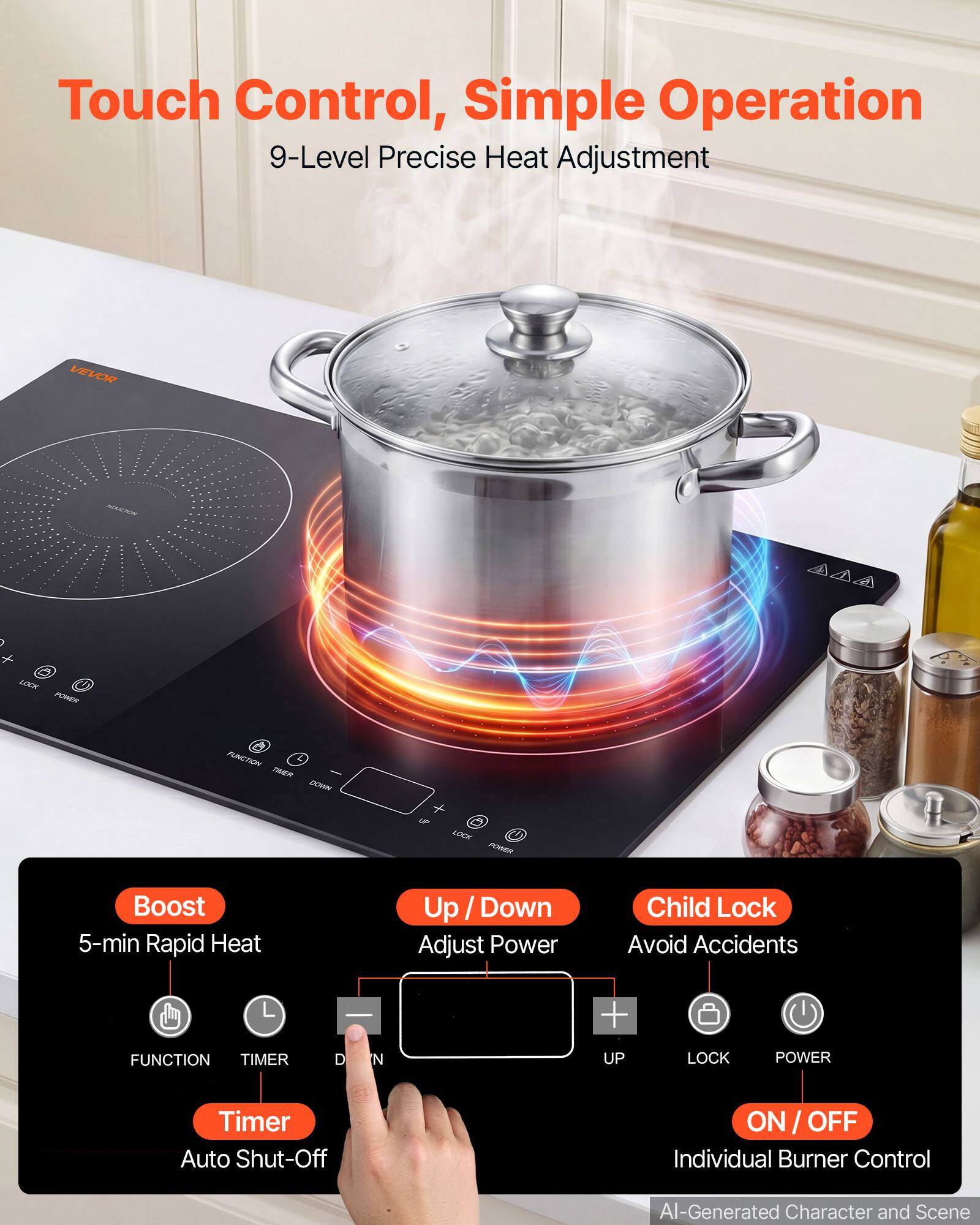 Touch Control, Simple Operation  
9-Level Precise Heat Adjustment

VEVOR

- LOCK POWER
- FUNCTION TIMER DOWN
- Boost 5-min Rapid Heat
- Up Down Adjust Power
- Child Lock Avoid Accidents
- Timer Auto Shut-Off
- ON/OFF Individual Burner Control

AI-Generated Character and Scene