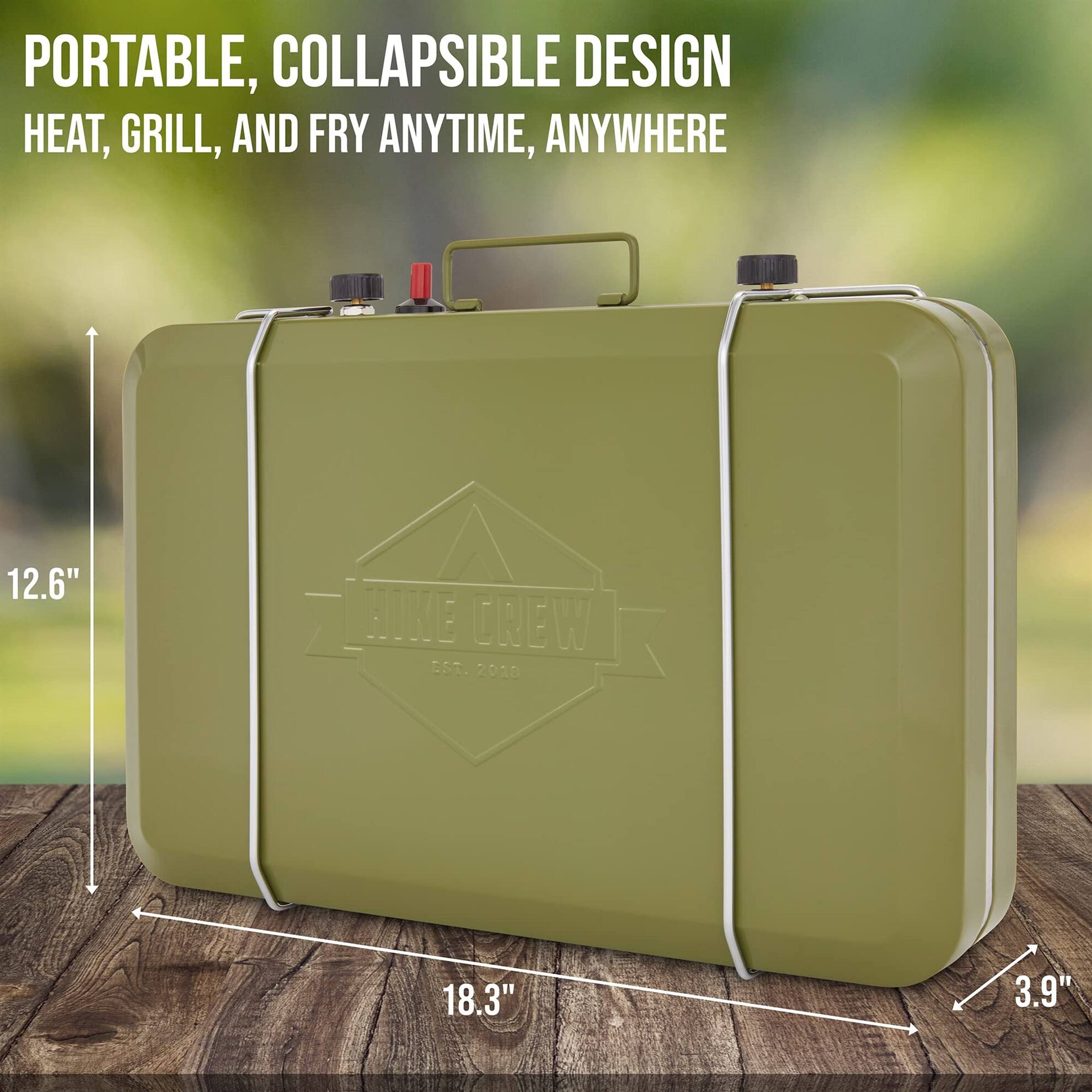 PORTABLE, COLLAPSIBLE DESIGN  
HEAT, GRILL, AND FRY ANYTIME, ANYWHERE  

12.6"  
18.3"  
3.9"  

COOKE CREW  
EST. 2018