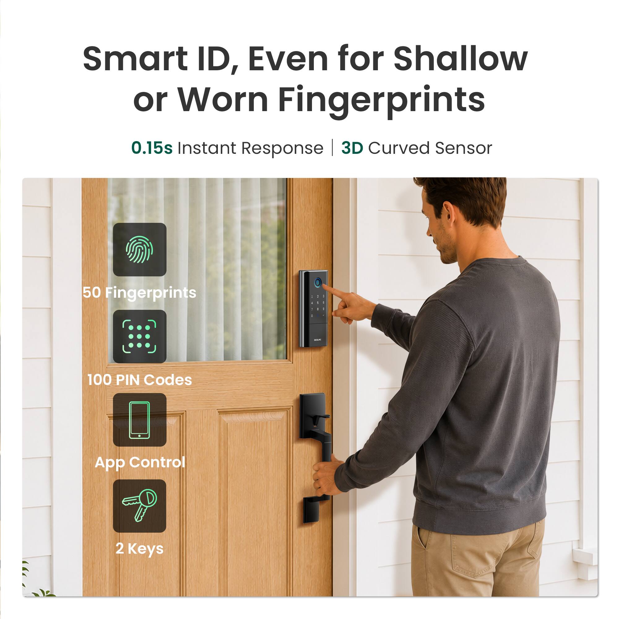 Smart ID, Even for Shallow or Worn Fingerprints  
0.15s Instant Response | 3D Curved Sensor  
50 Fingerprints  
100 PIN Codes  
App Control  
2 Keys