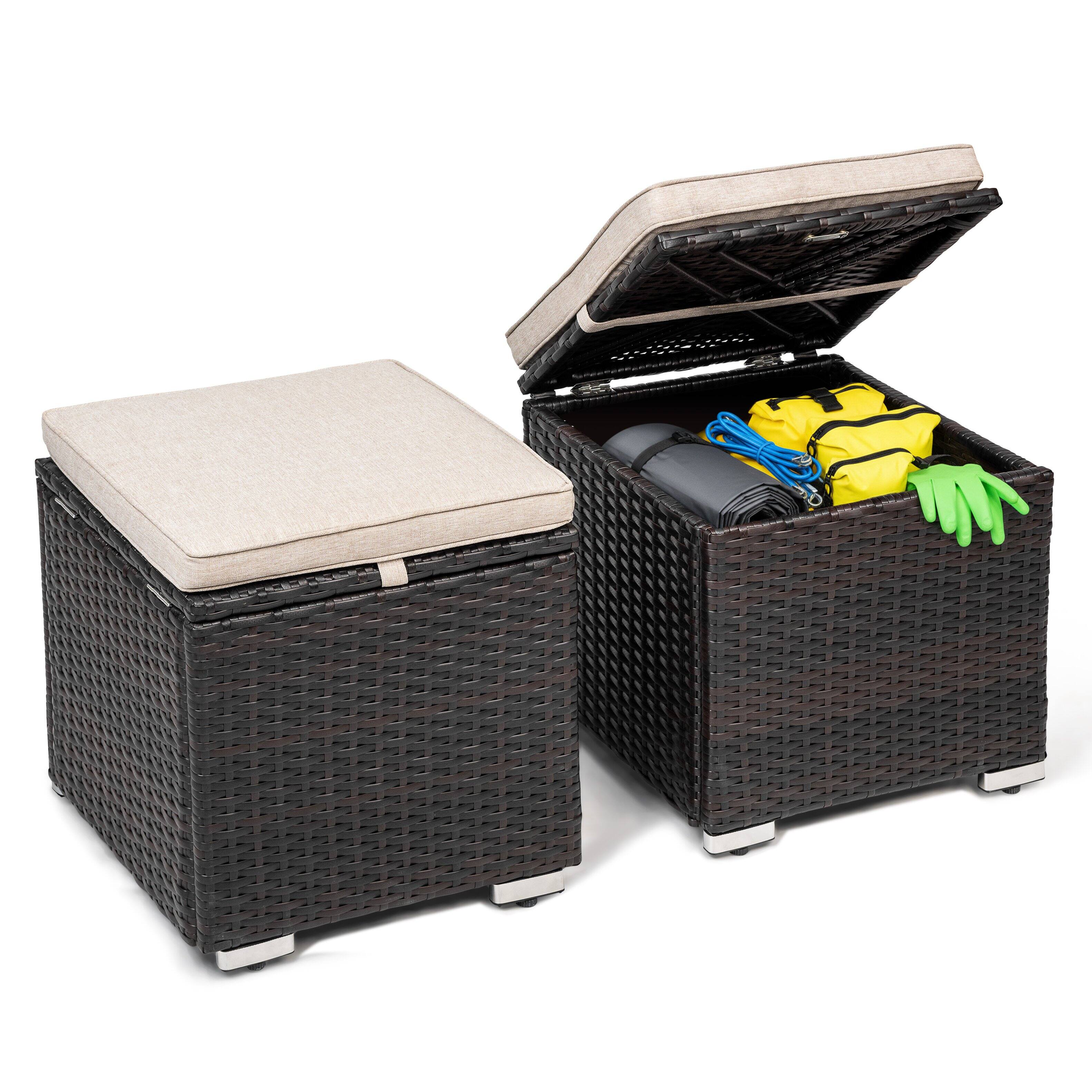 Alt View 8. Nuu Garden - 2-Piece Wicker Patio Ottomans with Detachable Cushions, Outdoor Wicker Side Tables, Hidden Storage - Black and Beige.