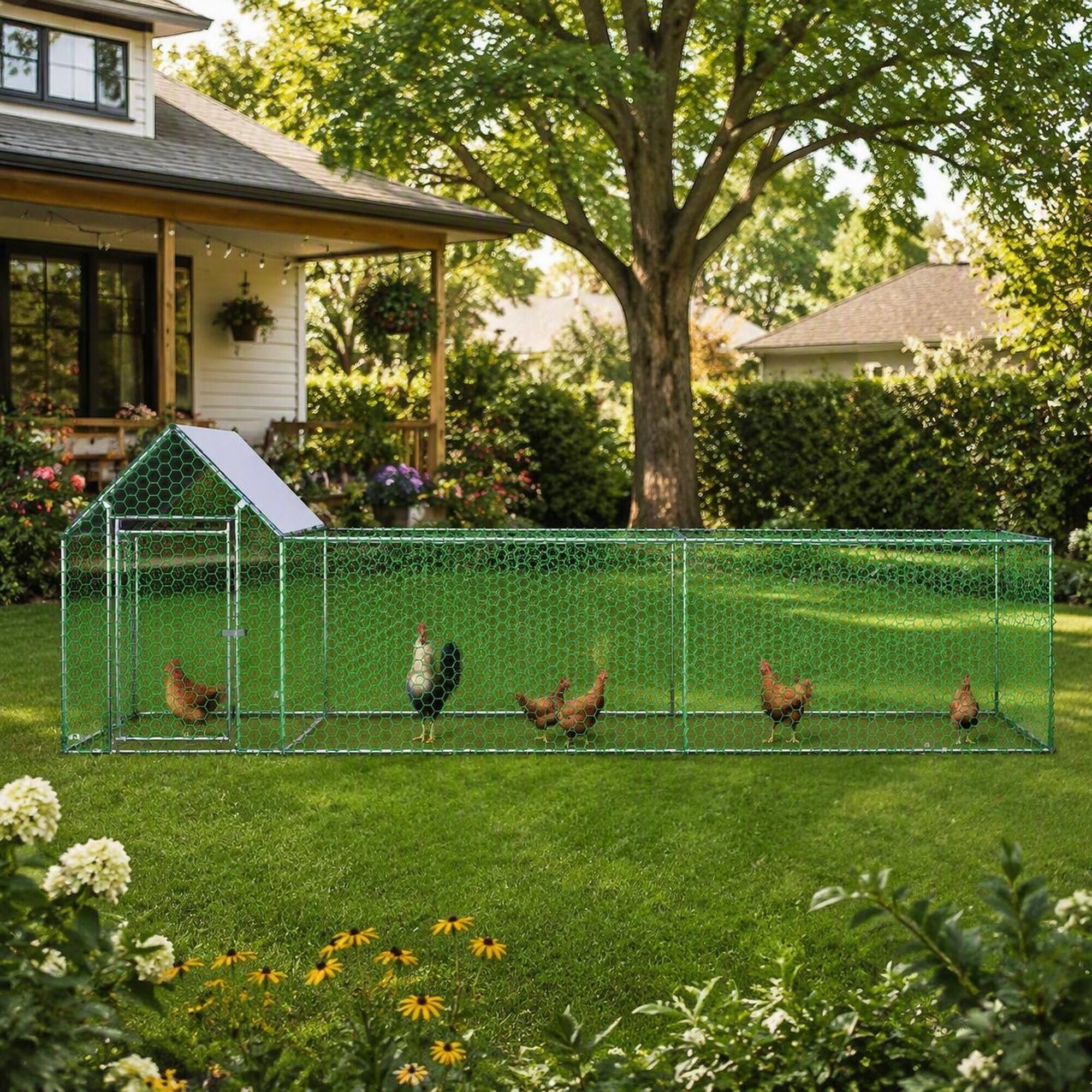 Angle. RYHNUYNE - 16x3FT Metal Chicken Coop Run, Walk-in Poultry Cage with Waterproof Cover, Outdoor Hen House for Small Animals.