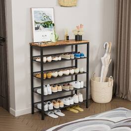 Loheer - industrial shoe rack, shoe organizer, 5-layer shoe rack with wooden top, 30x11.5x37 in - Country Brown