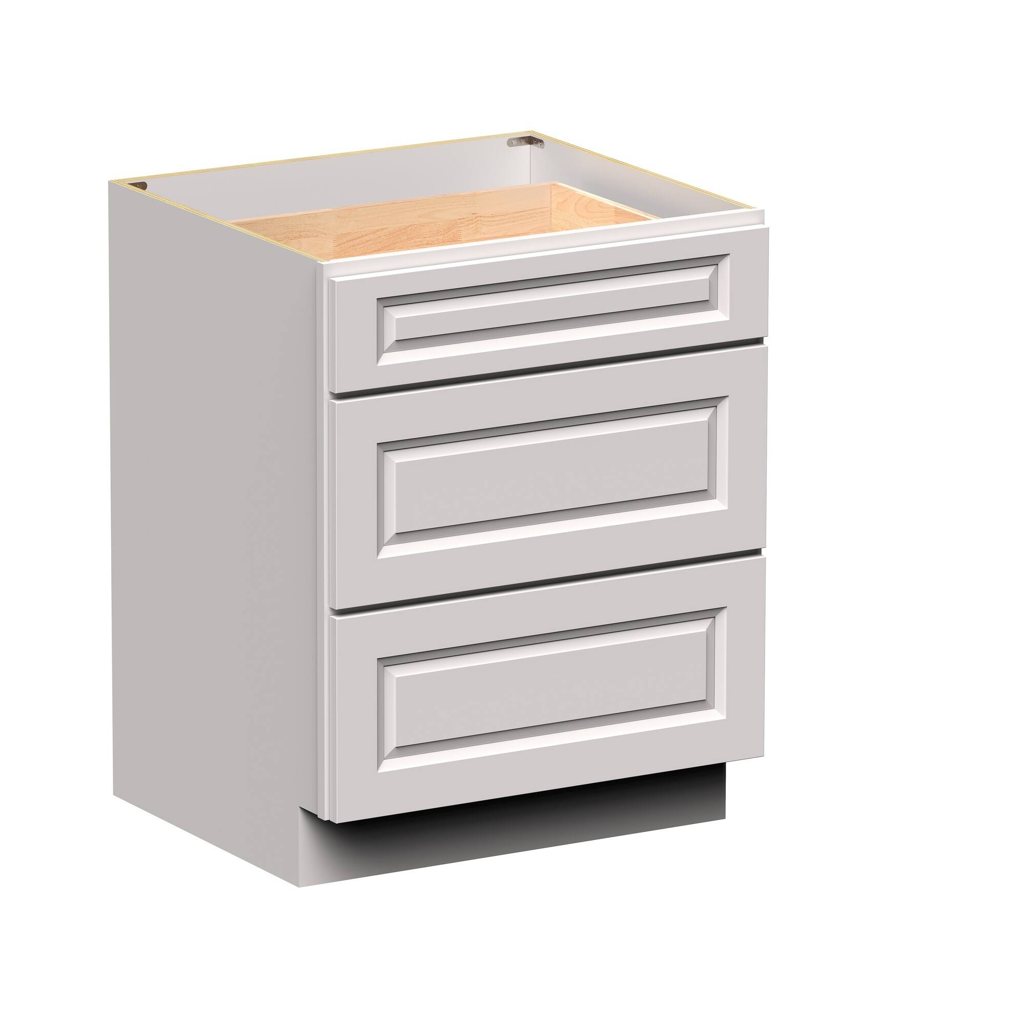 Angle. Boyel Living - 27-in W x 34.5-in H x 24-in D Shaker 3-Drawer Kitchen Base Cabinet with Soft-Close Slides - Glacier White.