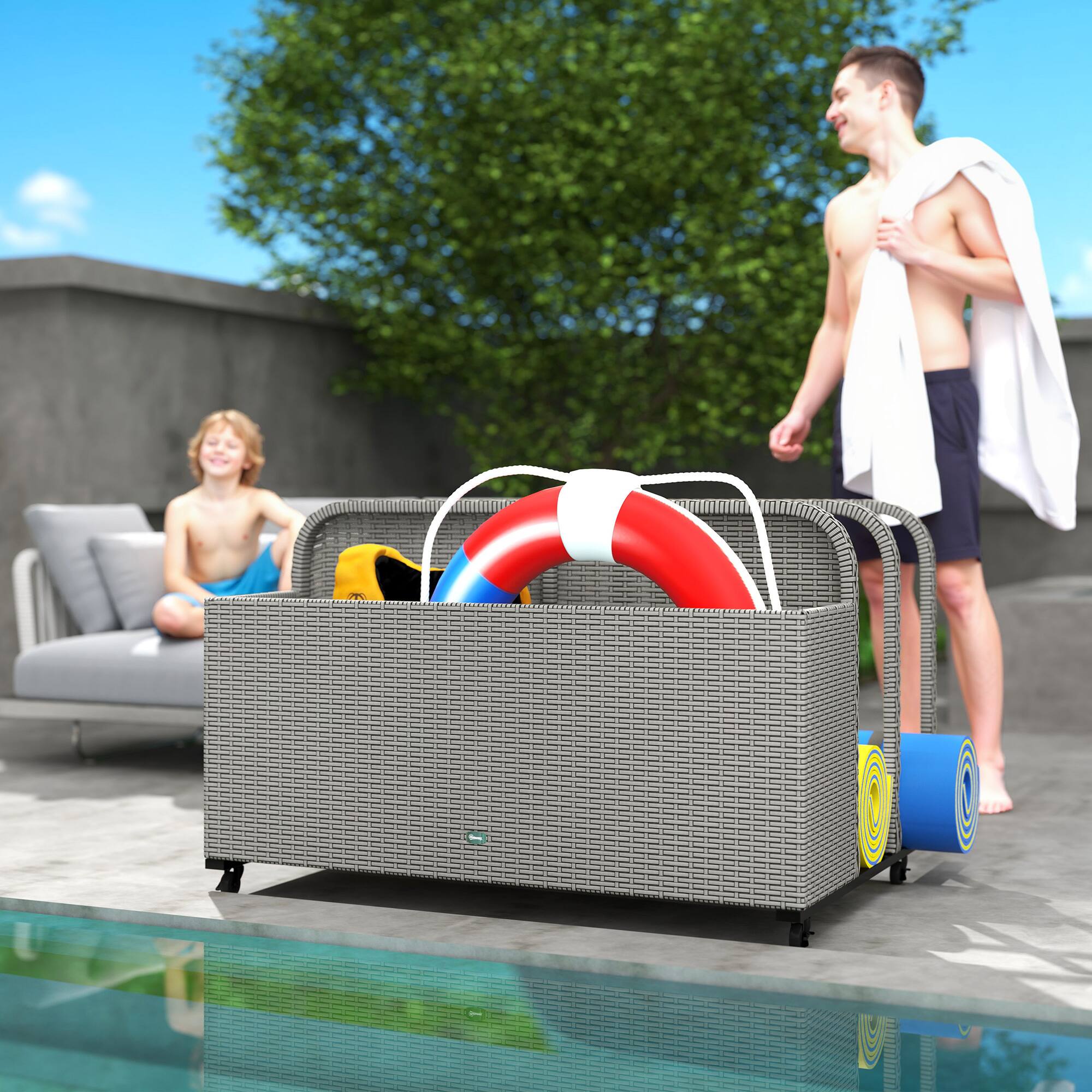 Alt View 1. Outsunny - Wicker Patio Pool Float Storage Basket, PE Rattan Outdoor Pool Caddy with Rolling Wheels for Floaties, Noodles - Mixed Gray.