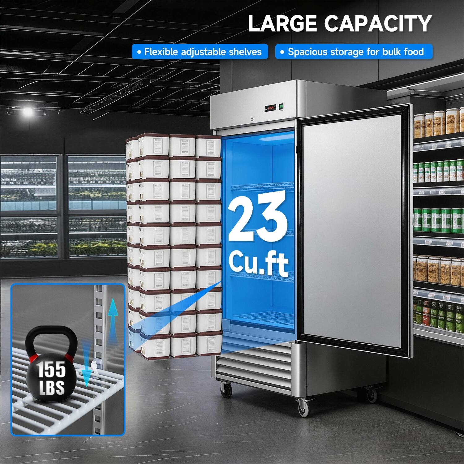 LARGE CAPACITY  
Flexible adjustable shelves  
Spacious storage for bulk food  
23 Cu.ft  
155 LBS