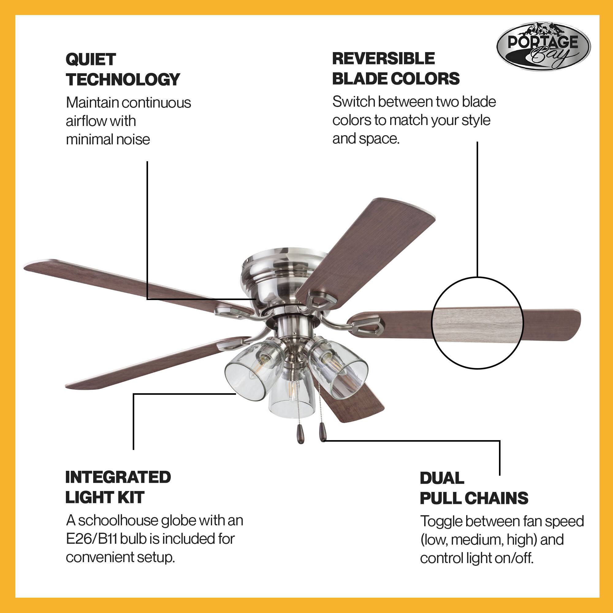 QUIET TECHNOLOGY  
Maintain continuous airflow with minimal noise  

REVERSIBLE BLADE COLORS  
Switch between two blade colors to match your style and space.  

INTEGRATED LIGHT KIT  
A schoolhouse globe with an E26/B11 bulb is included for convenient setup.  

DUAL PULL CHAINS  
Toggle between fan speed (low, medium, high) and control light on/off.