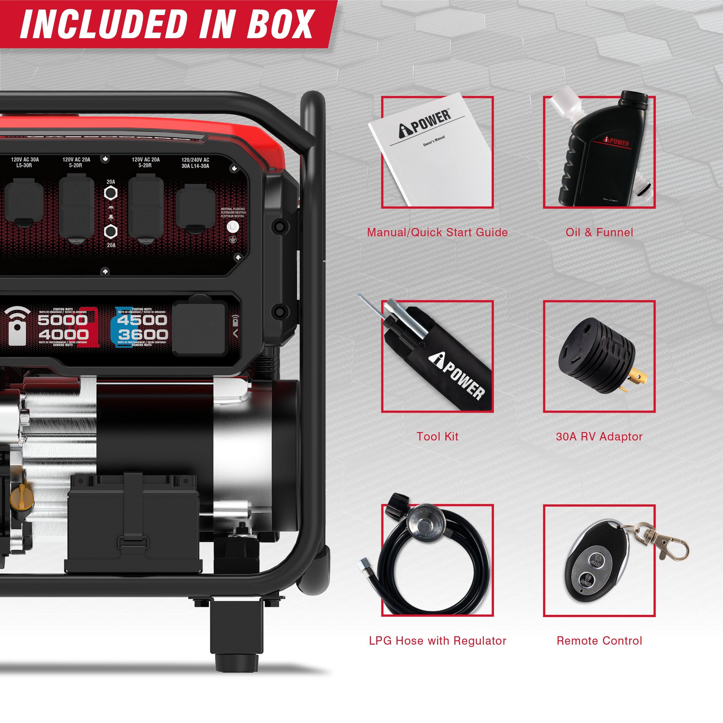 INCLUDED IN BOX

- Manual/Quick Start Guide
- Oil & Funnel
- Tool Kit
- 30A RV Adaptor
- LPG Hose with Regulator
- Remote Control