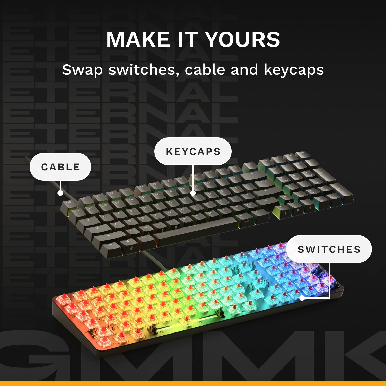 STERNAL ETERNAL MAKE IT YOURS ETERNAL  
Swap switches, cable and keycaps  
ETERNAL ETERNAL ETERNAL  
KEYCAPS CABLE PM 5% RN 19 C 01 4 11 OF 78 P F3 0 F2 5% F 15 20 3# 45 T Y U K L 7 0 PI M E Edy G M 0 F 8 O 8 IT S V A C x, P 2 9 MH ETE 1d.  
SWITCHES TERNAL  
E GMMK