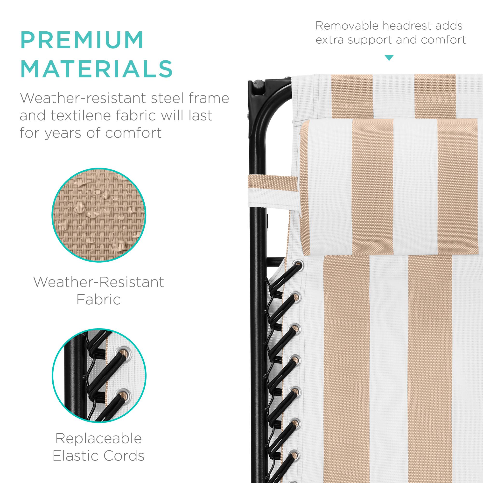 PREMIUM MATERIALS  
Weather-resistant steel frame and textilene fabric will last for years of comfort  
Removable headrest adds extra support and comfort  
Weather-Resistant Fabric  
Replaceable Elastic Cords