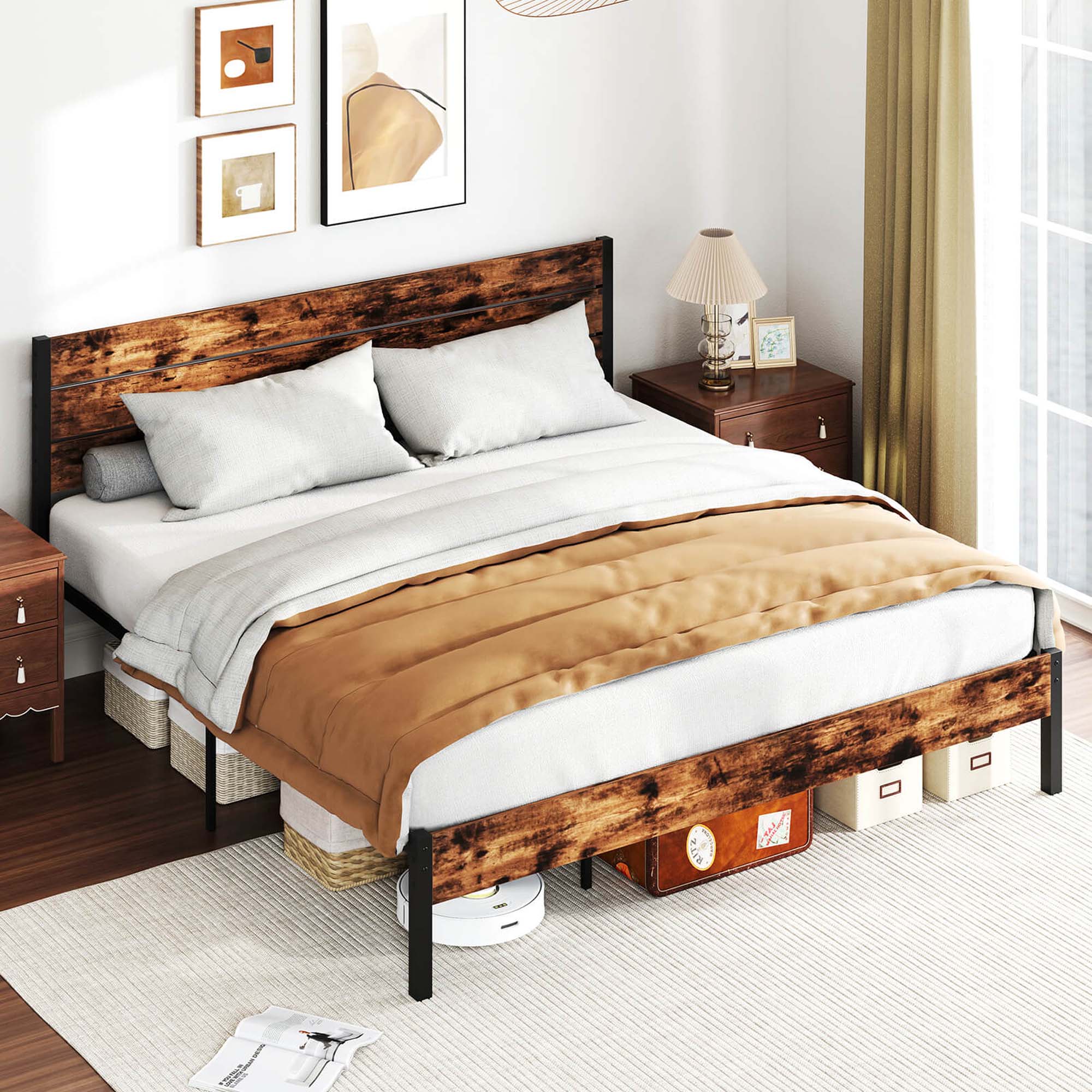 Alt View 4. Costway - King Bed Frame with Tall Industrial Headboard Heavy-Duty Metal Slats Support - Brown.