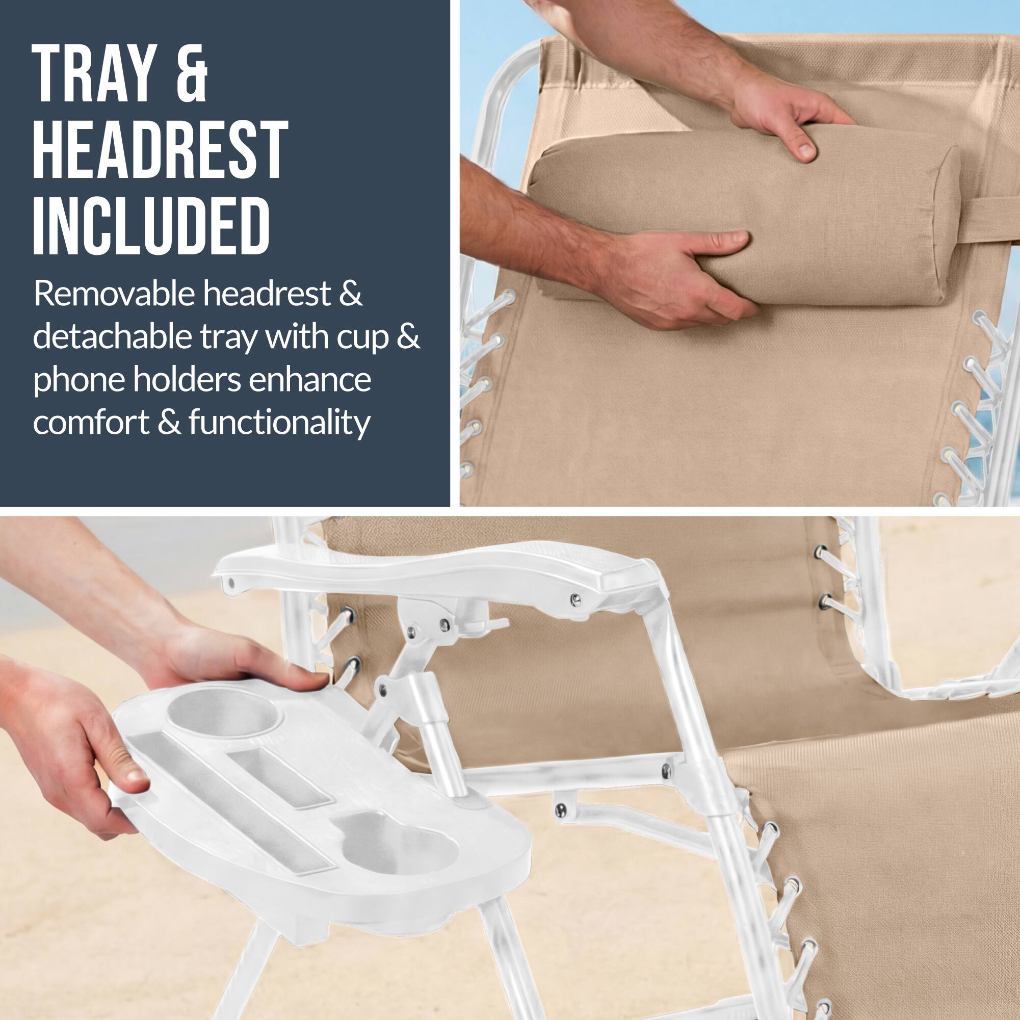TRAY & HEADREST INCLUDED

Removable headrest & detachable tray with cup & phone holders enhance comfort & functionality