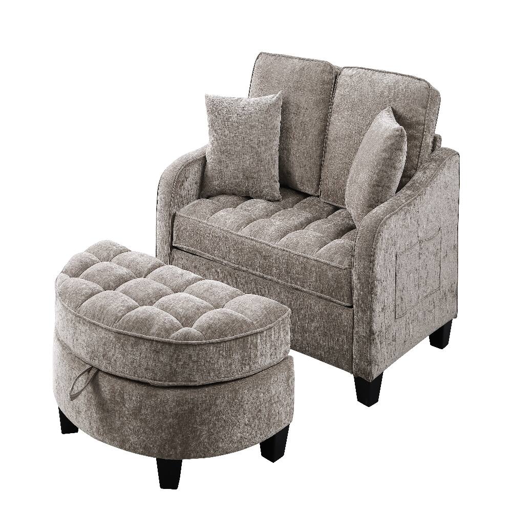 Alt View 4. Loheer - Loheer Brown Corduroy Two-Seater Sofa with Storage Footrest and Pillows - Brown.