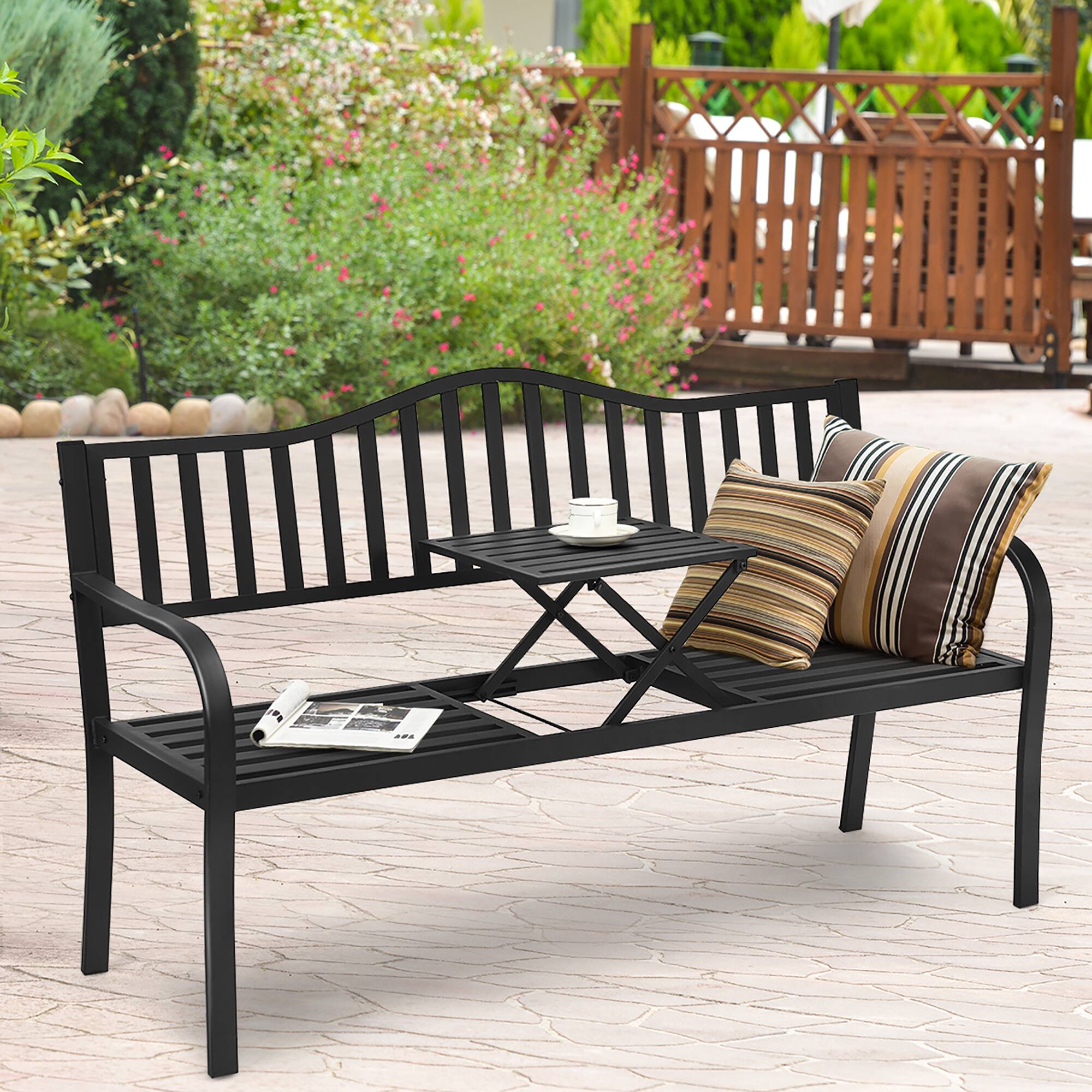 Alt View 7. Costway - Costway Patio Garden Bench Steel Frame Adjustable Center Table Outdoor Porch Loveseats - Black.