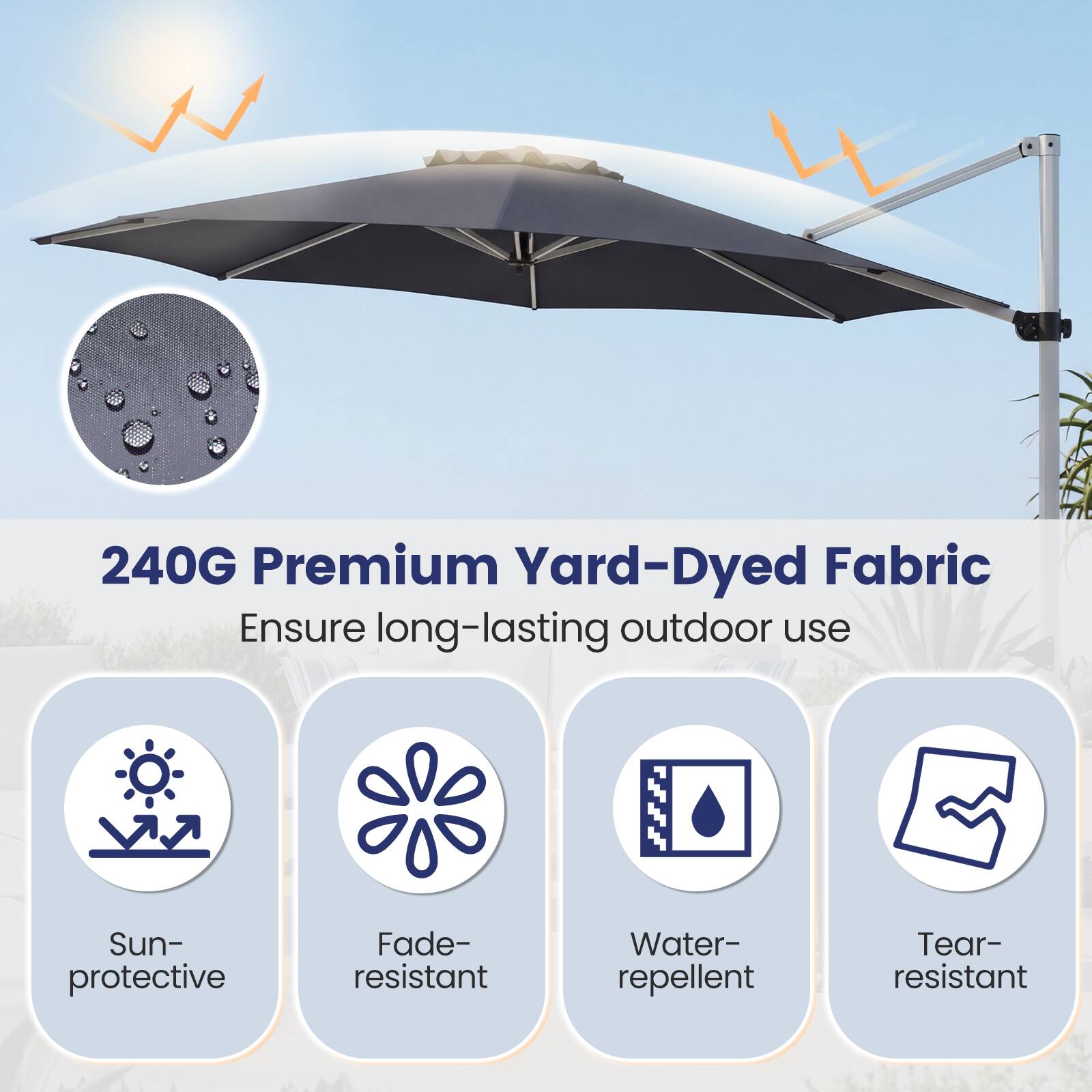 240G Premium Yard-Dyed Fabric  
Ensure long-lasting outdoor use  
Sun-protective  
Fade-resistant  
Water-repellent  
Tear-resistant