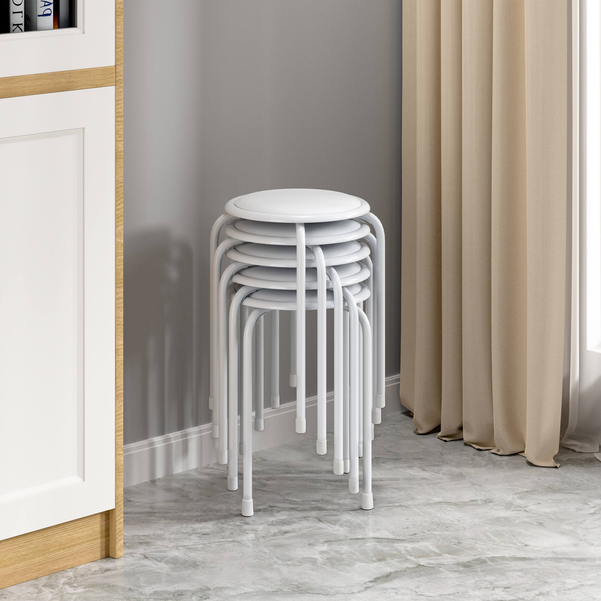 Alt View 5. Vecelo - 6-Pack Steel Stack Stools, Portable Stackable Backless School Stools with Pu Leather, Round Classroom Decoration Stools - White.