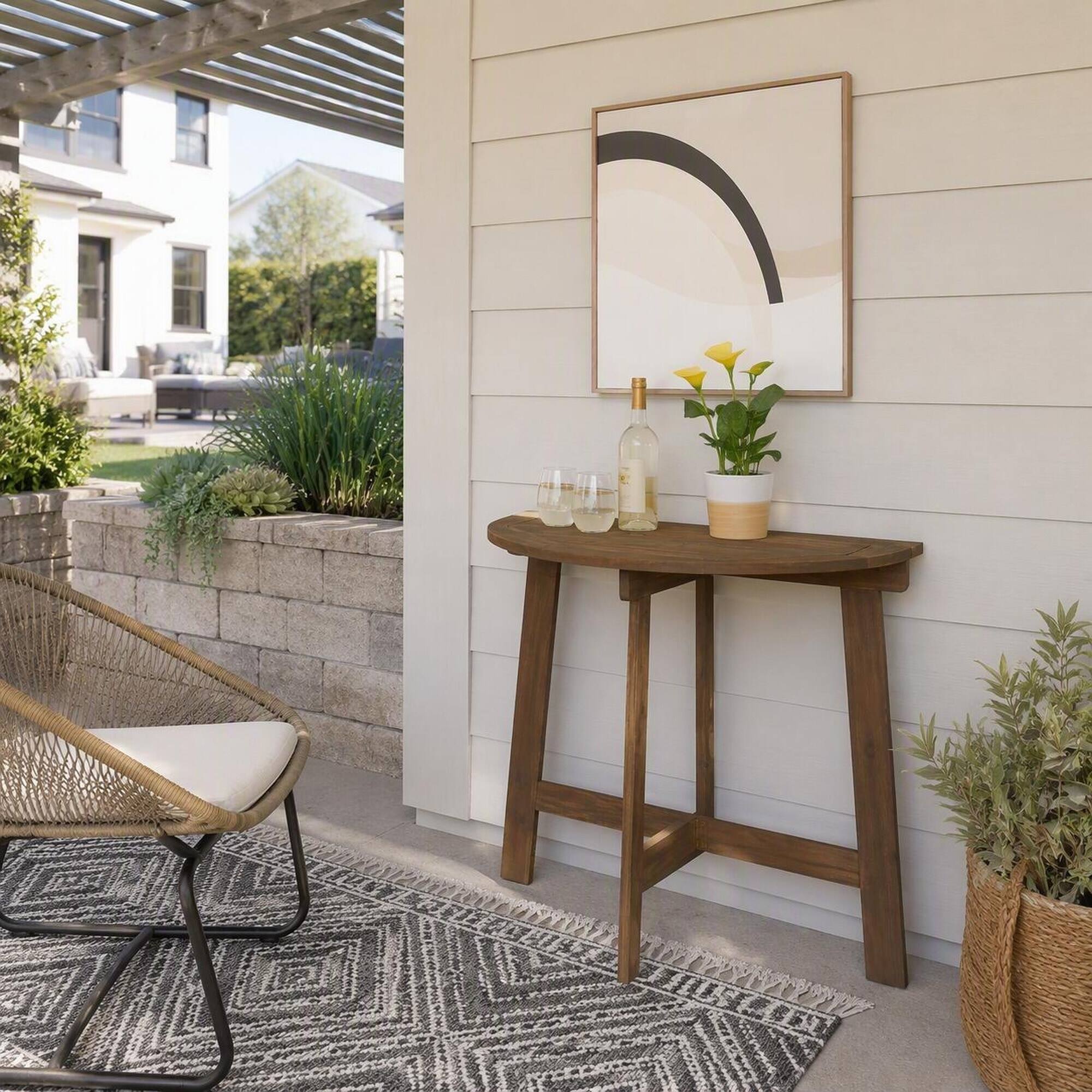 Back. RYHNUYNE - Outdoor Half-Round Folding Acacia Wood Bistro Table,Weather Resistant Space-Saving Side Table for Patio - Grey.