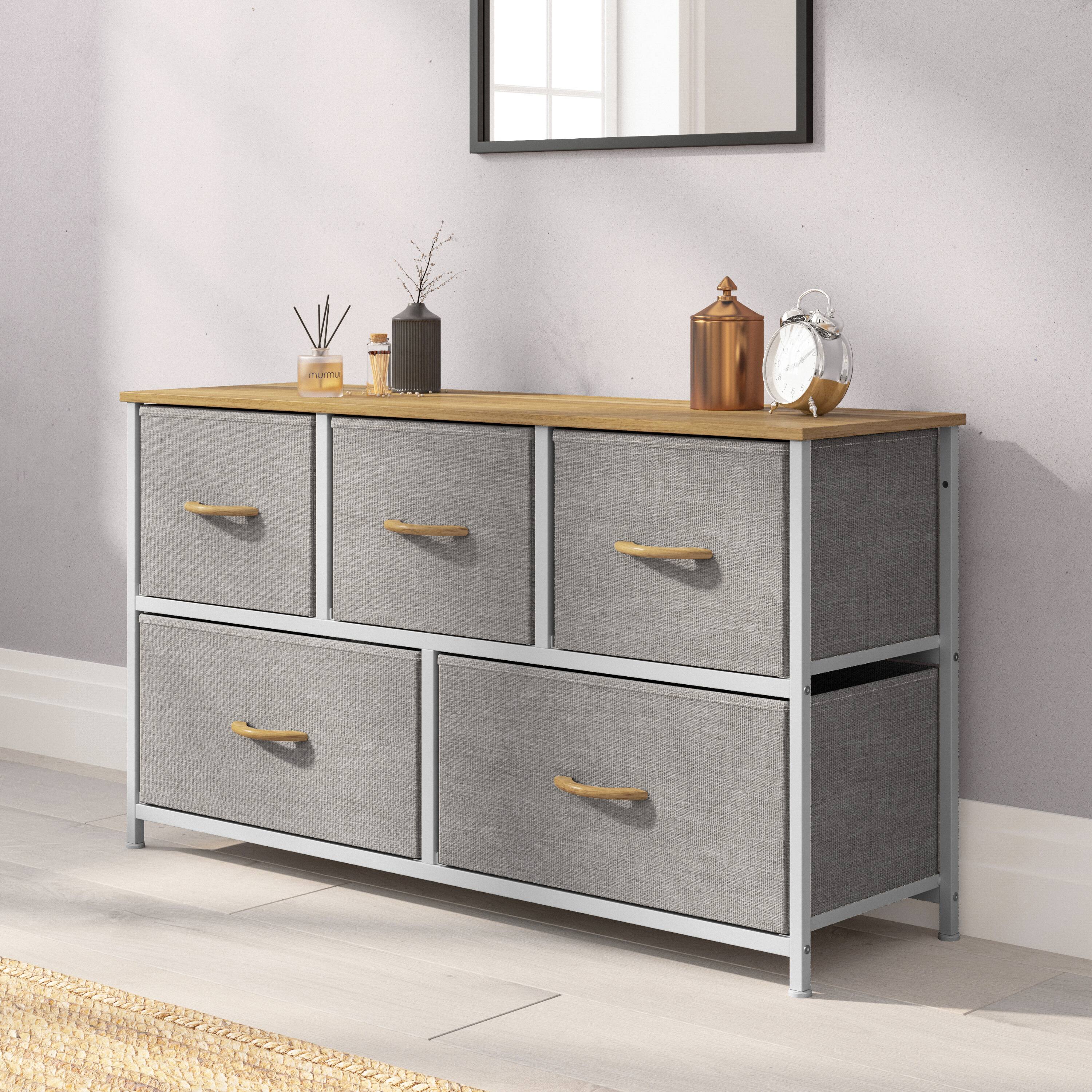 Alt View 1. Emma + Oliver - Marley 5 Drawer Storage Dresser with Cast Iron Frame, Wood Top and Easy Pull Fabric Drawers with Wooden Handles - Beige Drawers/White Frame.