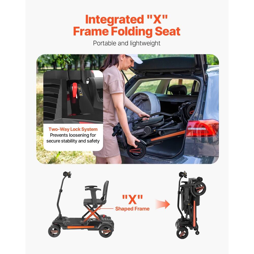 Integrated "X" Frame Folding Seat  
Portable and lightweight  

Two-Way Lock System  
Prevents loosening for secure stability and safety  

"X" Shaped Frame