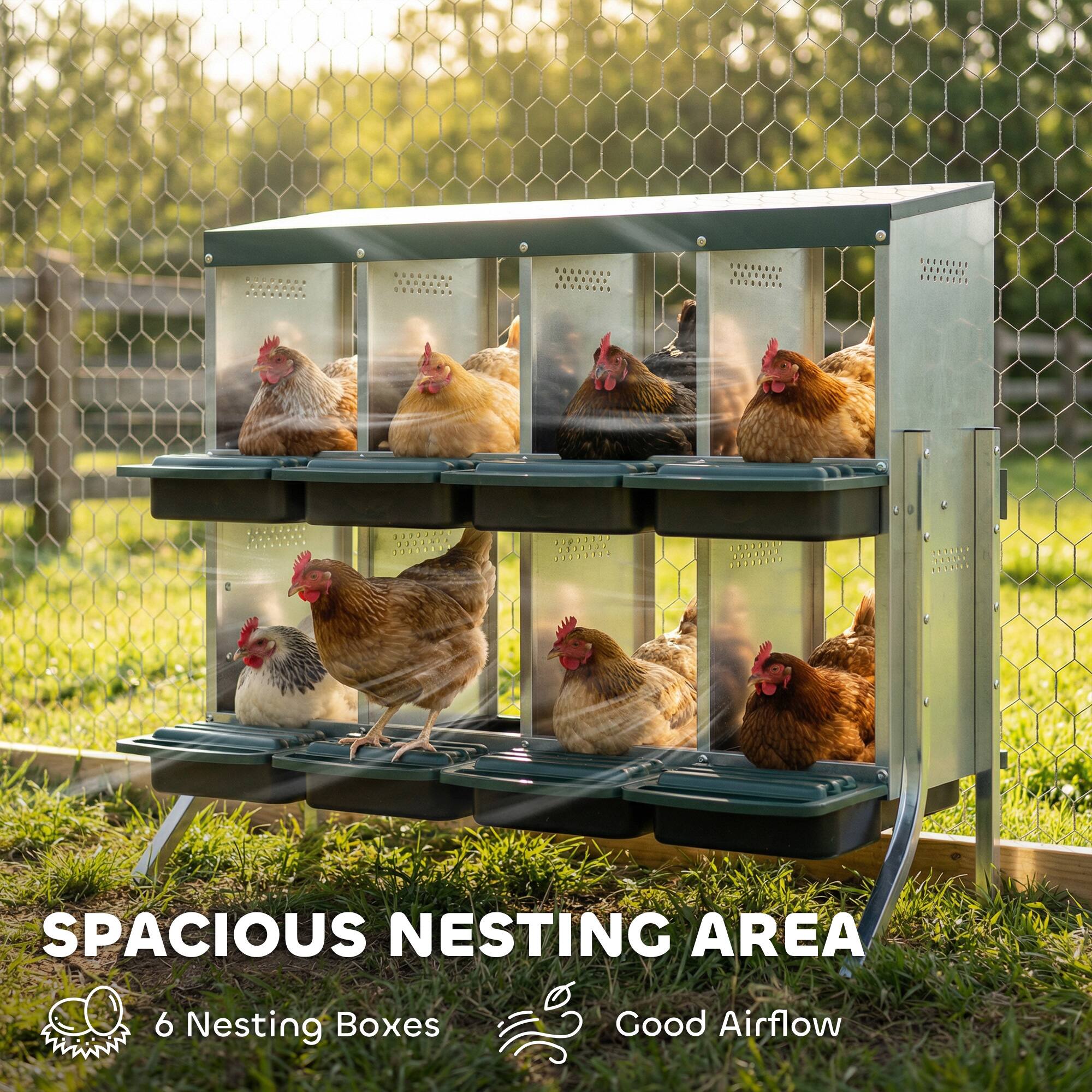 SPACIOUS NESTING AREA  
6 Nesting Boxes  
Good Airflow
