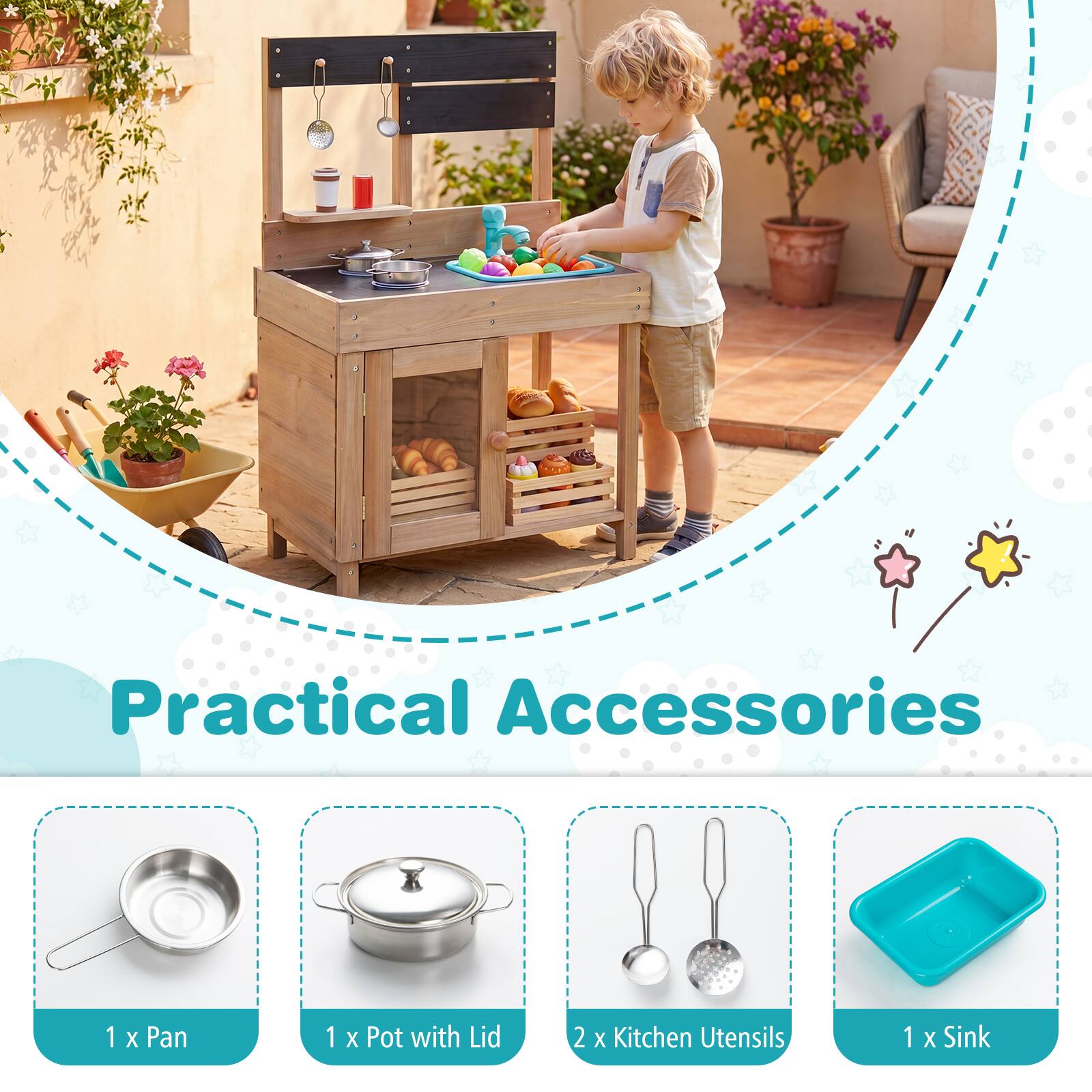 Practical Accessories

1 x Pan  
1 x Pot with Lid  
2 x Kitchen Utensils  
1 x Sink