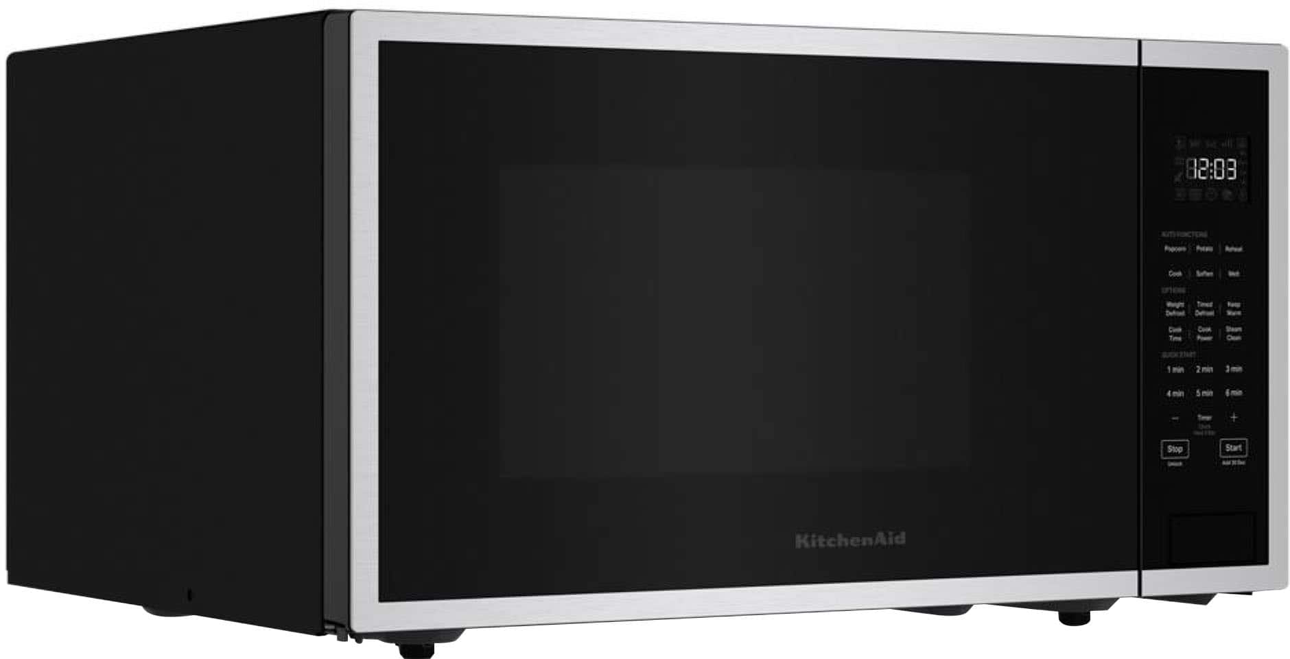 The text on the image reads: "82:08 Pocace fo Anca Cook Soten Taed C GHA 1 - 2 2min 1 E min 1 - f + Stop Start KitchenAid". This text is likely a description or instructions for using the microwave. The text appears to be a mix of different languages, and it is not clear what the intended meaning is. However, it seems to be related to the microwave and its functions.