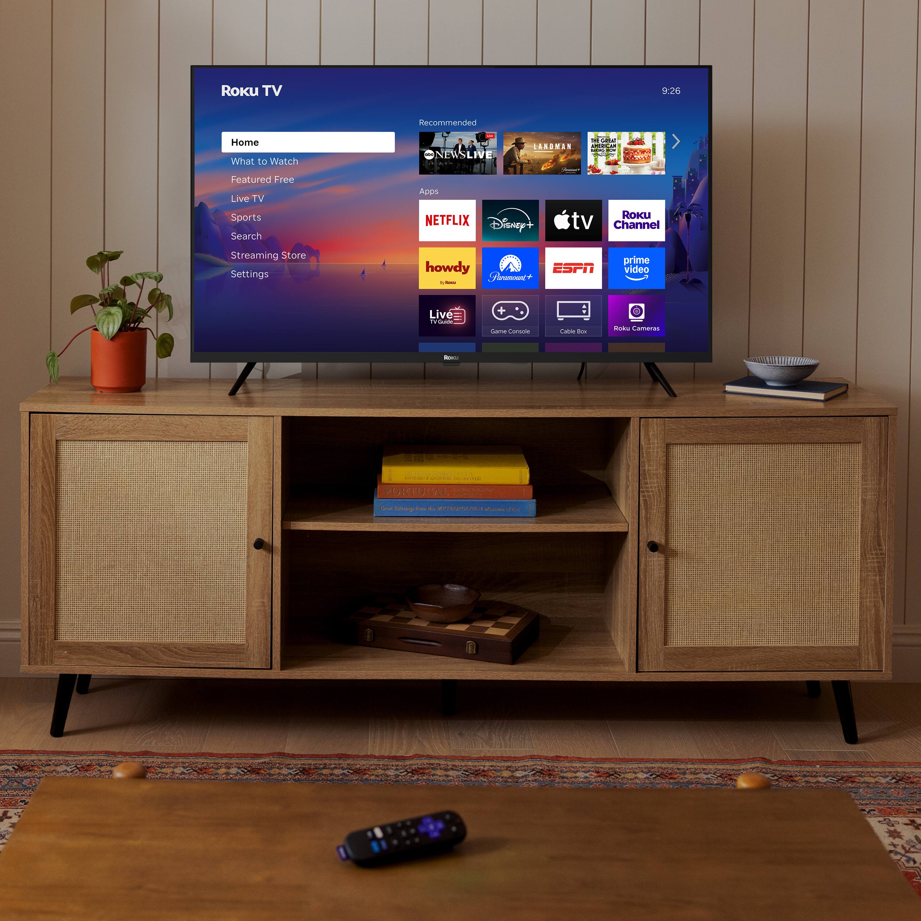 Roku TV

Home
- What to Watch
- Featured Free
- Live TV
- Sports
- Search
- Streaming Store
- Settings

Recommended
- NEWS LIVE
- LANDMAN
- SIC
- NETFLIX
- Disney+
- Apple TV
- Roku Channel
- prime video
- howdy
- ESPN
- Game Console
- Cable Box
- Roku Camera

Live TV
- ESPN

9:26