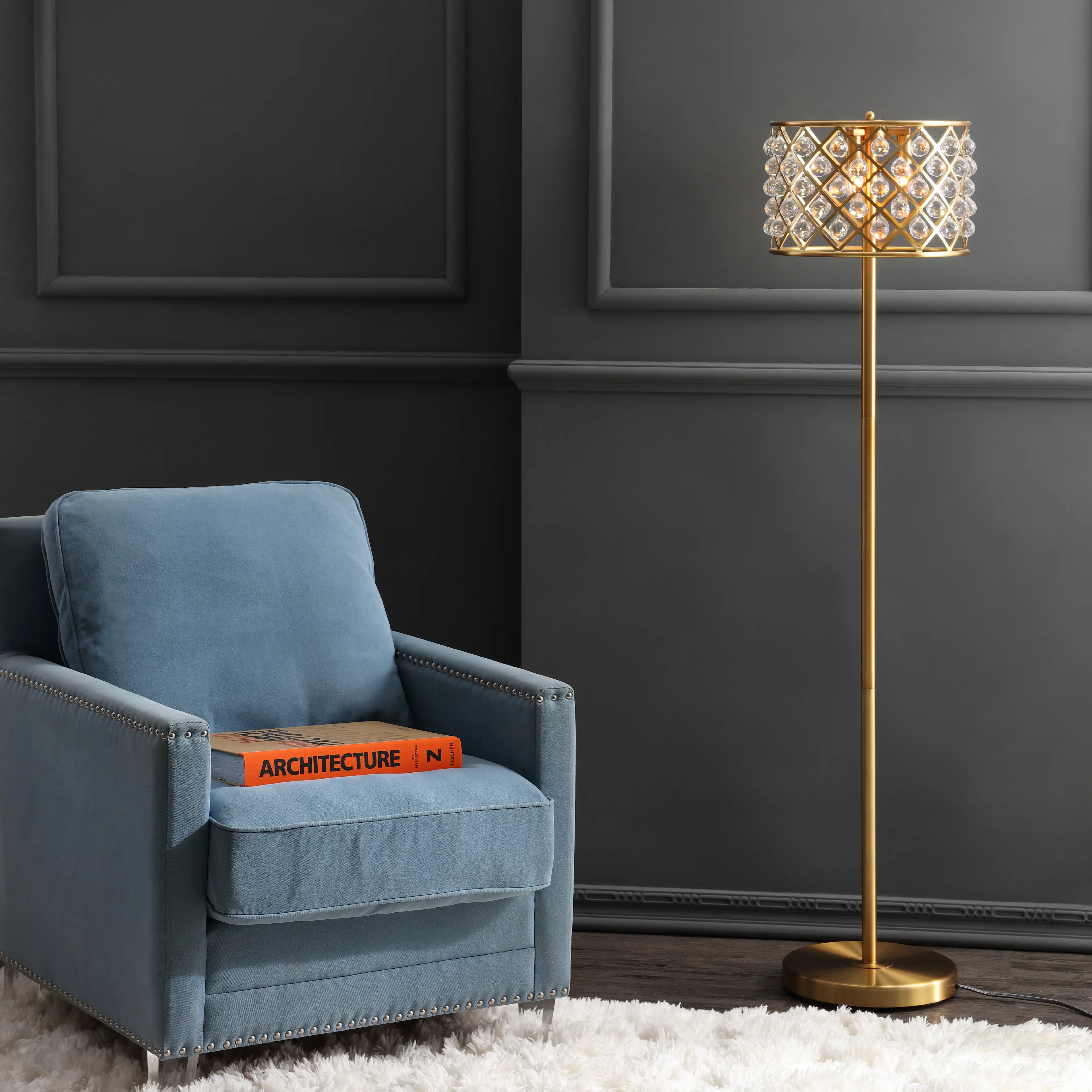 Alt View 1. Jonathan Y - Elizabeth 60" Crystal/Metal LED Floor Lamp, Brass Gold/Clear - Brass Gold.