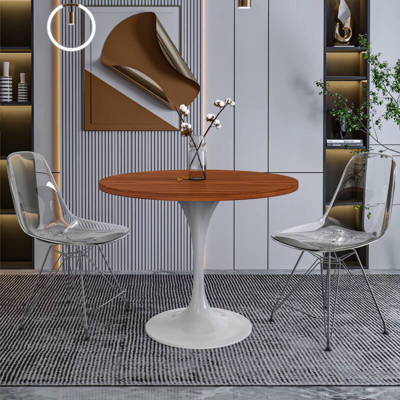 Angle. LeisureMod - Verve 36 Inch Round Dining Table with MDF Top and White Base, Modern Small Kitchen Bistro Accent Table - Cognac Brown.