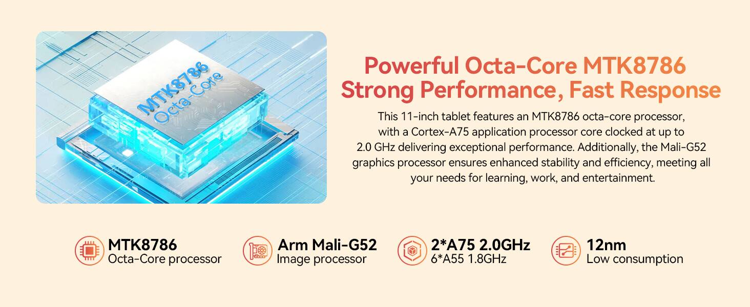 MTK8786

Powerful Octa-Core MTK8786 Strong Performance, Fast Response

This 11-inch tablet features an MTK8786 octa-core processor, with a Cortex-A75 application processor core clocked at up to 2.0 GHz delivering exceptional performance. Additionally, the Mali-G52 graphics processor ensures enhanced stability and efficiency, meeting all your needs for learning, work, and entertainment.

MTK8786 Octa-Core processor  
Arm Mali-G52 Image processor  
2*A75 2.0GHz 6*A55 1.8GHz  
12nm Low consumption