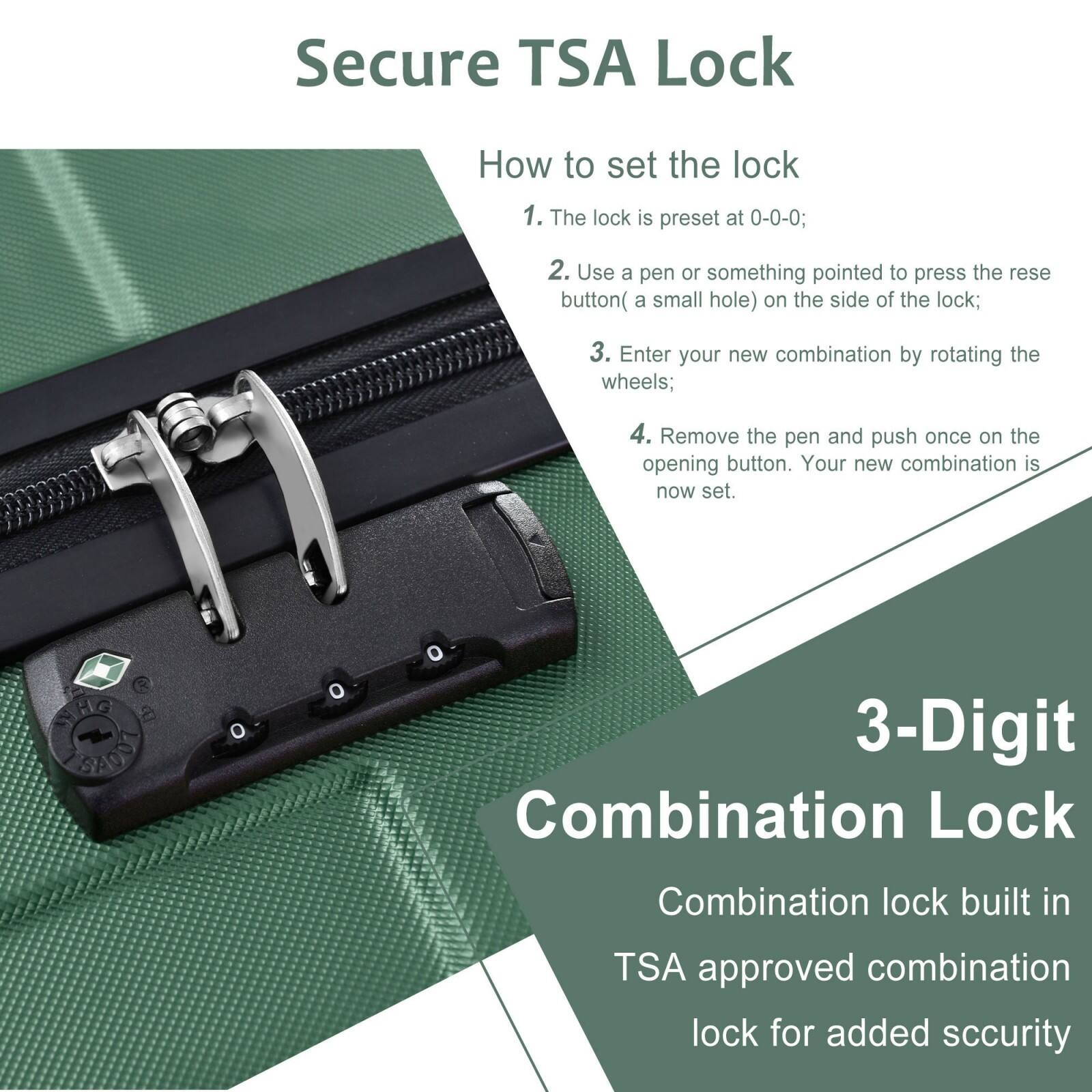 Secure TSA Lock

How to set the lock

1. The lock is preset at 0-0-0;
2. Use a pen or something pointed to press the reset button (a small hole) on the side of the lock;
3. Enter your new combination by rotating the wheels;
4. Remove the pen and push once on the opening button. Your new combination is now set.

3-Digit Combination Lock

Combination lock built in TSA approved combination lock for added security