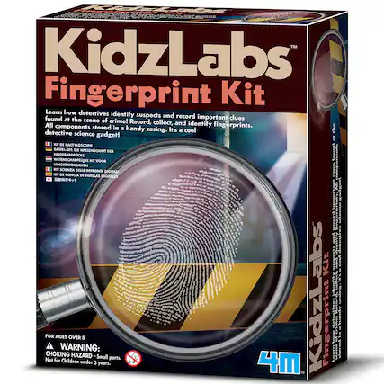 TM KidzLabs Fingerprint Kit
Learn how detectives identify suspects and record important clues found at the scene of crime! Record, collect, and identify fingerprints. All components stored in a handy casing. It's a cool detective science gadget!
S LE DE DACTYLOSCOPIE
BASTEL-SET: DIE WISSENSCHAFT DER WETENSCHAPPELIKE FINGERABDRUCKE KIT
VOOR COMPONENTS VINGERAFDRUKKEN
Xm SCIENZA DELLE IMPRONTI DIGITALI
AL HUPO FINGERPRINT KIT
WARNING: Children OVER 8
CHOKING HAZARD - Small parts. Not for Children under 3 years.
KidzLabs Fingerprint Kit