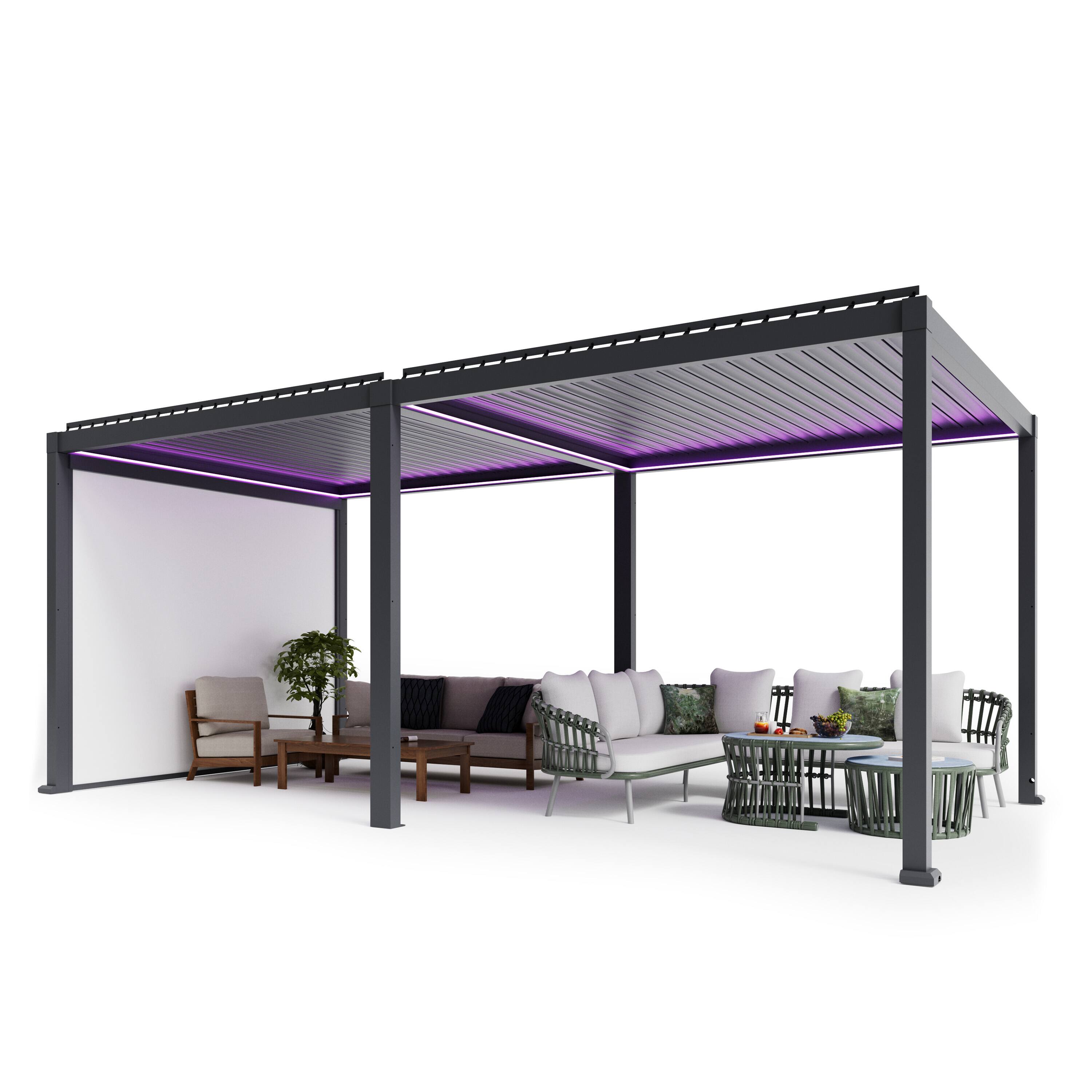 Left. Mondawe - 10x20FT Electric Aluminum Louver Pergola with LED Lights, Rain Sensor, and Outdoor Motorized Projector Screen - Gray.