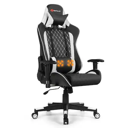 Front. Costway - Massage Gaming Chair with Headrest - White and Black.