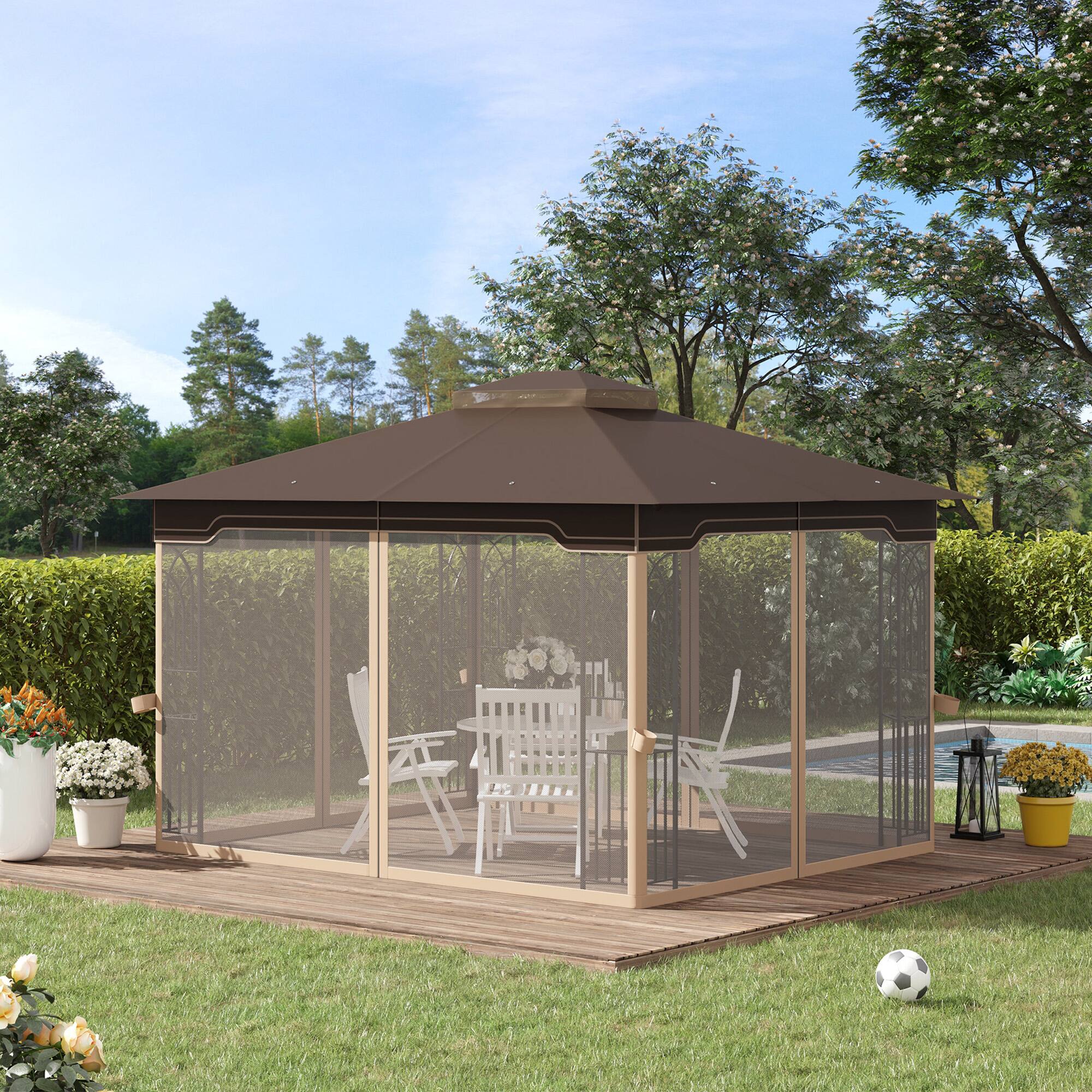 Angle. Outsunny - 10' x 12' Patio Gazebo, Double Roof Outdoor Canopy Shelter with Corner Frame and Mesh Netting for Garden, Lawn - Brown.