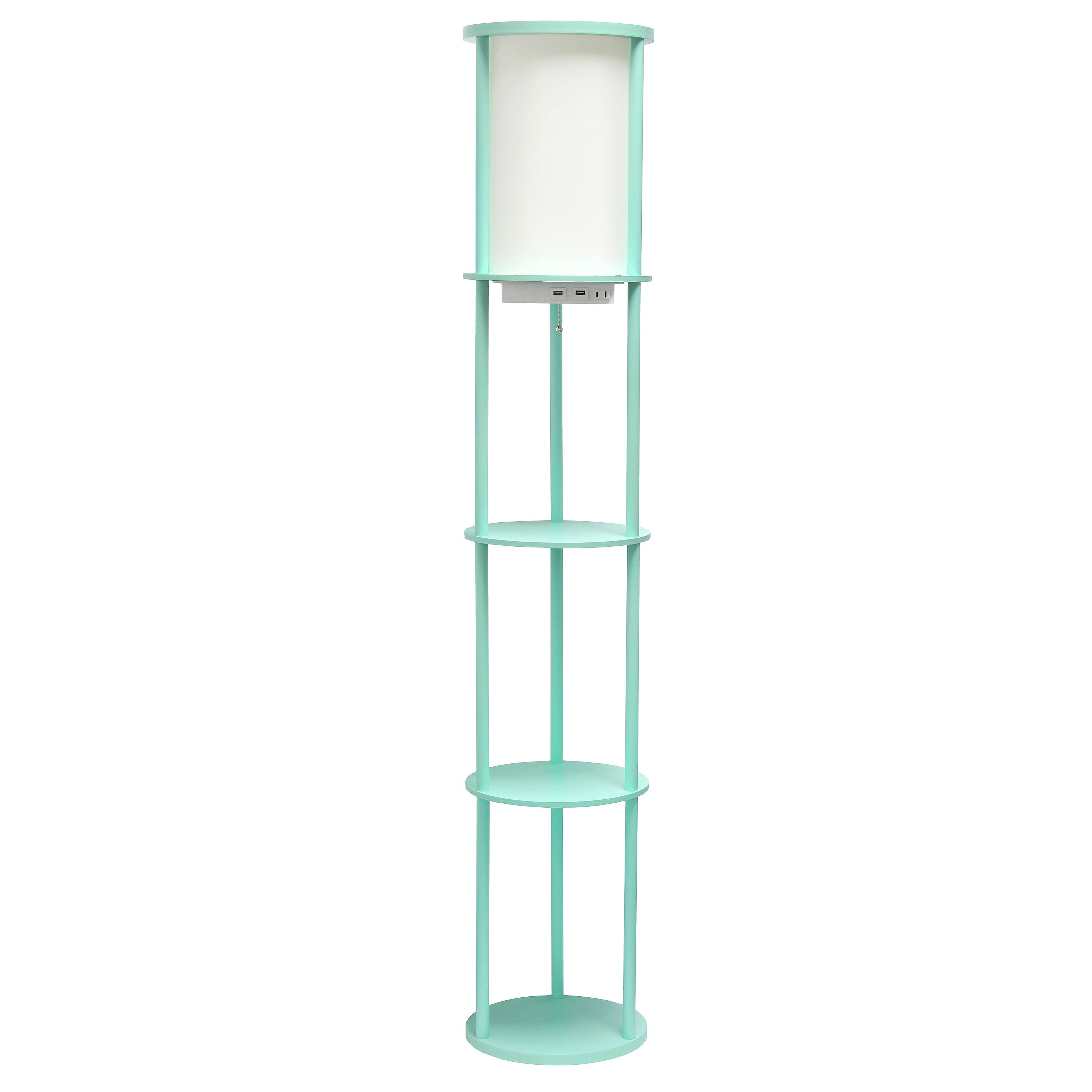 Front. Simple Designs - Round Etagere Storage Floor Lamp with 2 USB, 1 Outlet - Aqua.