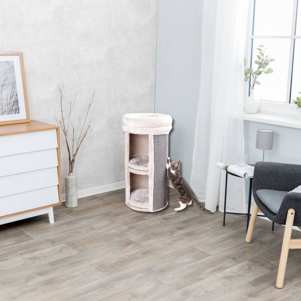 Angle. TRIXIE - Mexia Plush & Sisal 2-Story 39" Cat Condo Tower with Removable Cushions - Light Gray.