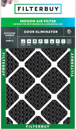 MADE IN THE USA FILTERBUY INDOOR AIR FILTER SUITABLE FOR BOTH RESIDENTIAL & COMMERCIAL USE ACTIVATED CARBON ODOR ELIMINATOR CLASSIFIED C UL US #R37912 + MERV 8 FILTERBUY Household Dust & Debris Dust Mites & Particles Pollen Mold Lint Dander Smoke Odors Bacteria FILTERBUY FILTERBUY