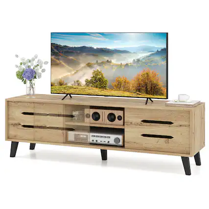 Front. Gymax - Gymax TV Stand w/Sliding Doors Storage Shelves Cable Hole Support Legs for 65'' TVs - Natural.