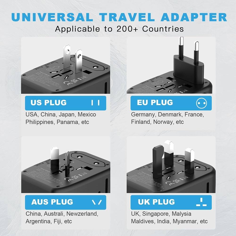 UNIVERSAL TRAVEL ADAPTER  
Applicable to 200+ Countries  

US PLUG  
USA, China, Japan, Mexico, Philippines, Panama, etc  

EU PLUG  
Germany, Denmark, France, Finland, Norway, etc  

AUS PLUG  
China, Australia, New Zealand, Argentina, Fiji, etc  

UK PLUG  
UK, Singapore, Malaysia, Maldives, India, Myanmar, etc