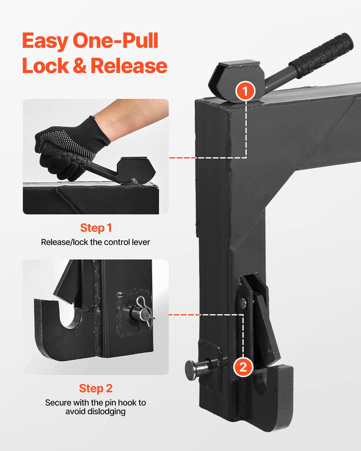 Easy One-Pull Lock & Release

Step 1  
Release/lock the control lever

Step 2  
Secure with the pin hook to avoid dislodging