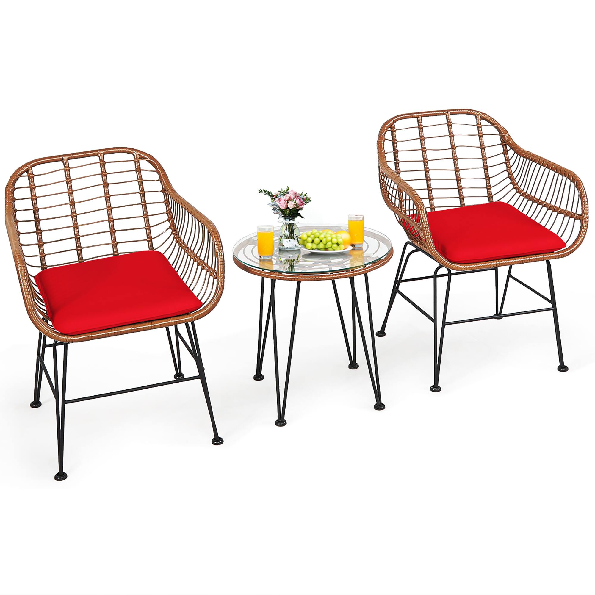 Left. Costway - 3PCS Patio Rattan Bistro Set Coffee Table Armchair Garden Cushion - Red.