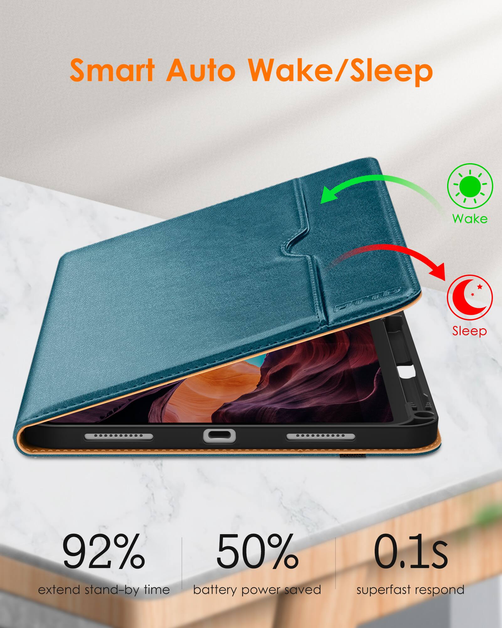 Smart Auto Wake/Sleep

- 92% extend stand-by time
- 50% battery power saved
- 0.1s superfast respond

Wake
Sleep