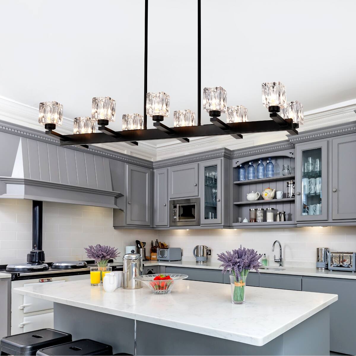 Alt View 7. Loheer - Loheer 10 Light Dining Room Chandelier Matte Black Linear Pendant Light With Crystal Shades.
