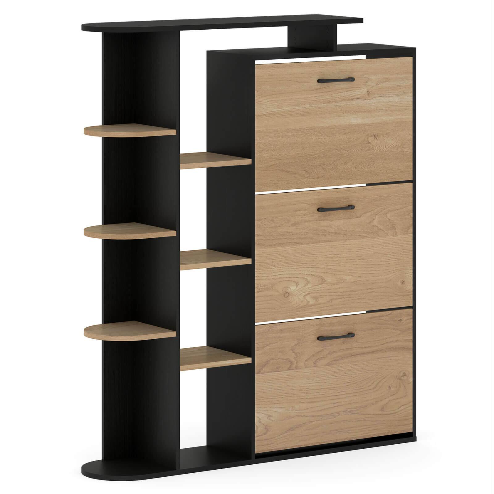 Alt View 9. Costway - Costway Shoe Cabinet with Open Shelves, 3 Flip Drawers, 8-Tier Side Open Shelves for Foyer - Black + Natural.