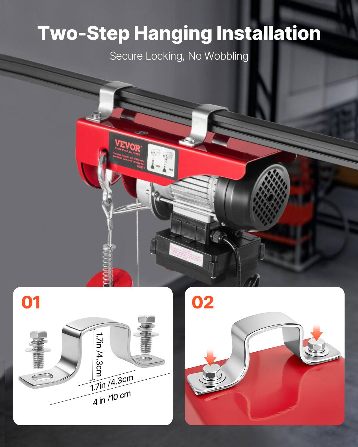 Two-Step Hanging Installation Secure Locking, No Wobbling

VEVOR

01 1.7in /4.3cm 1.7in /4.3cm /10 cm 4 in